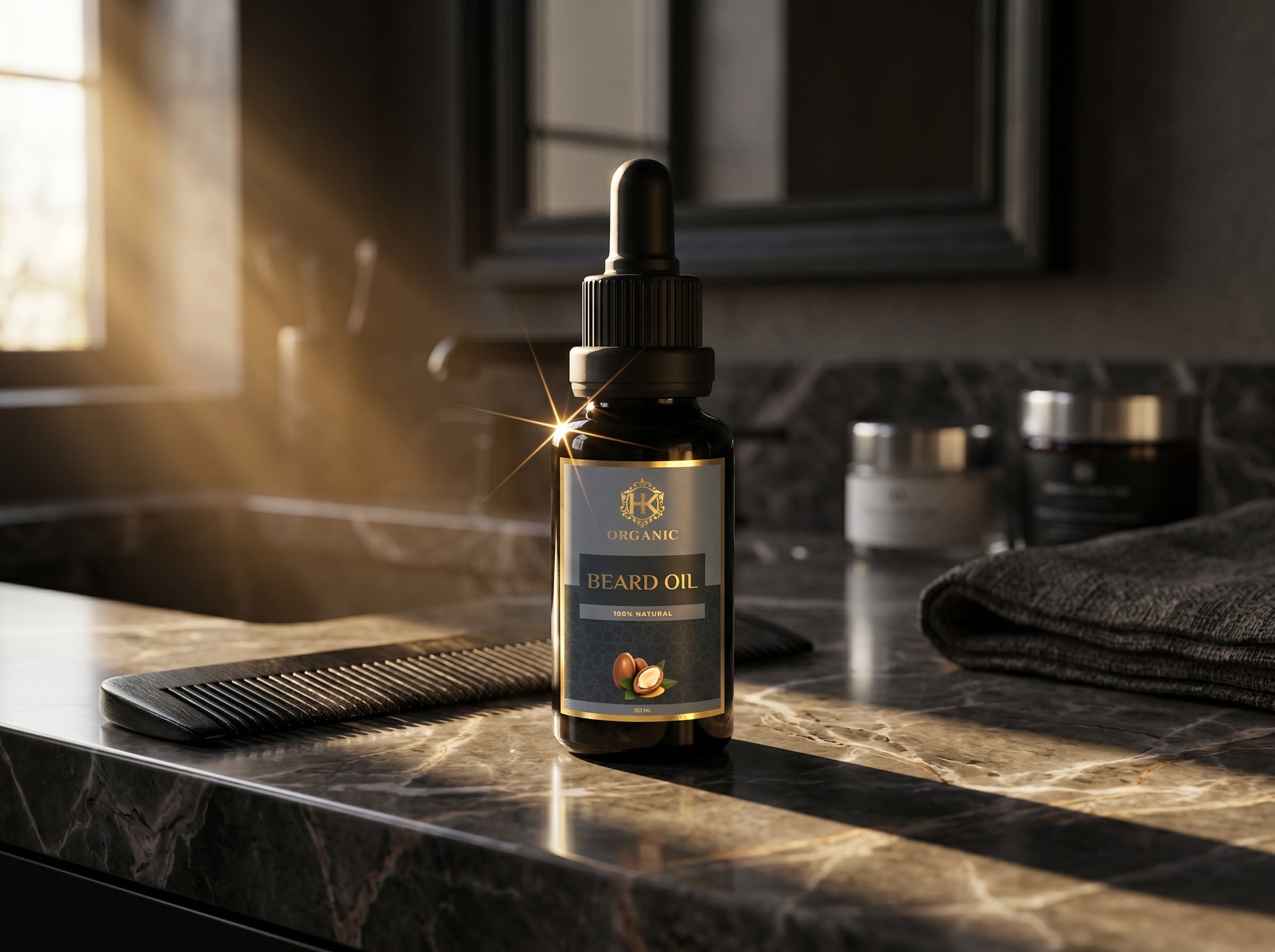 Beard oil bottle on a bathroom counter with a comb and towel in the background