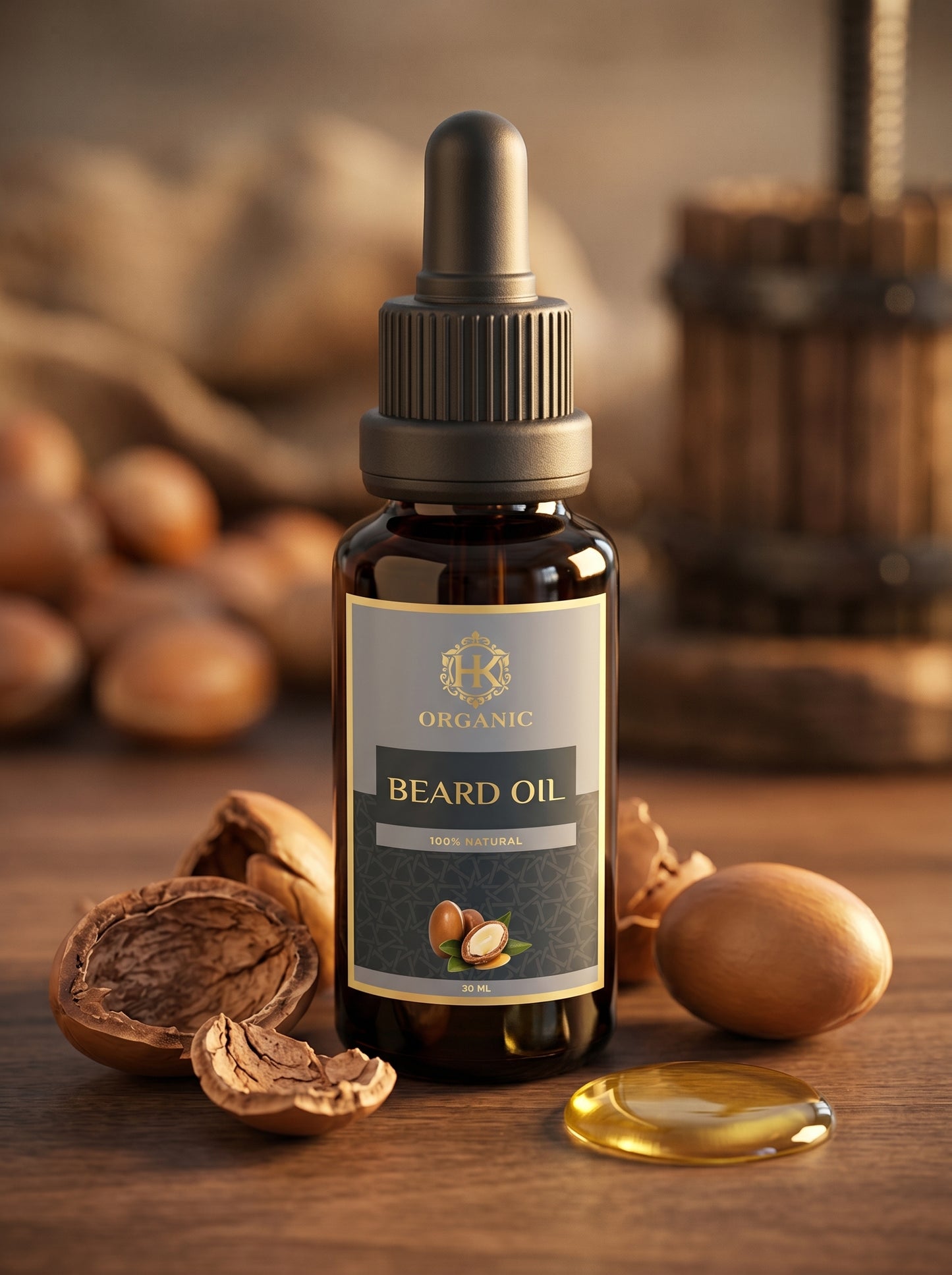 Bottle of organic beard oil with nuts on a wooden surface