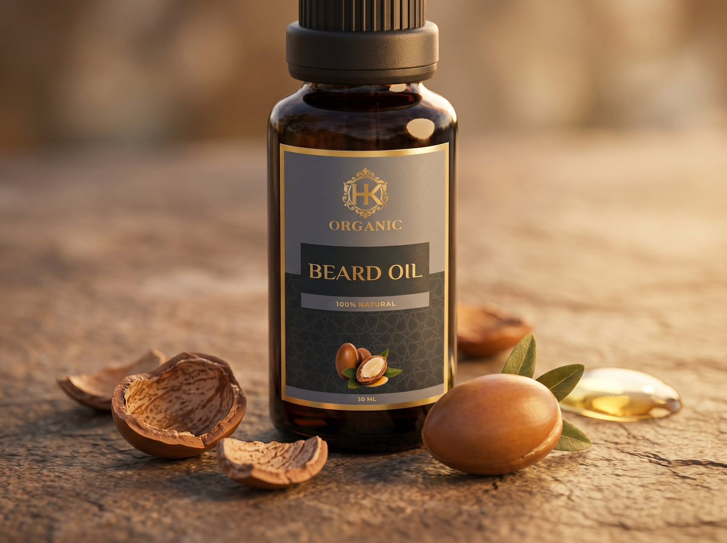 Bottle of organic beard oil with ingredients on a wooden surface