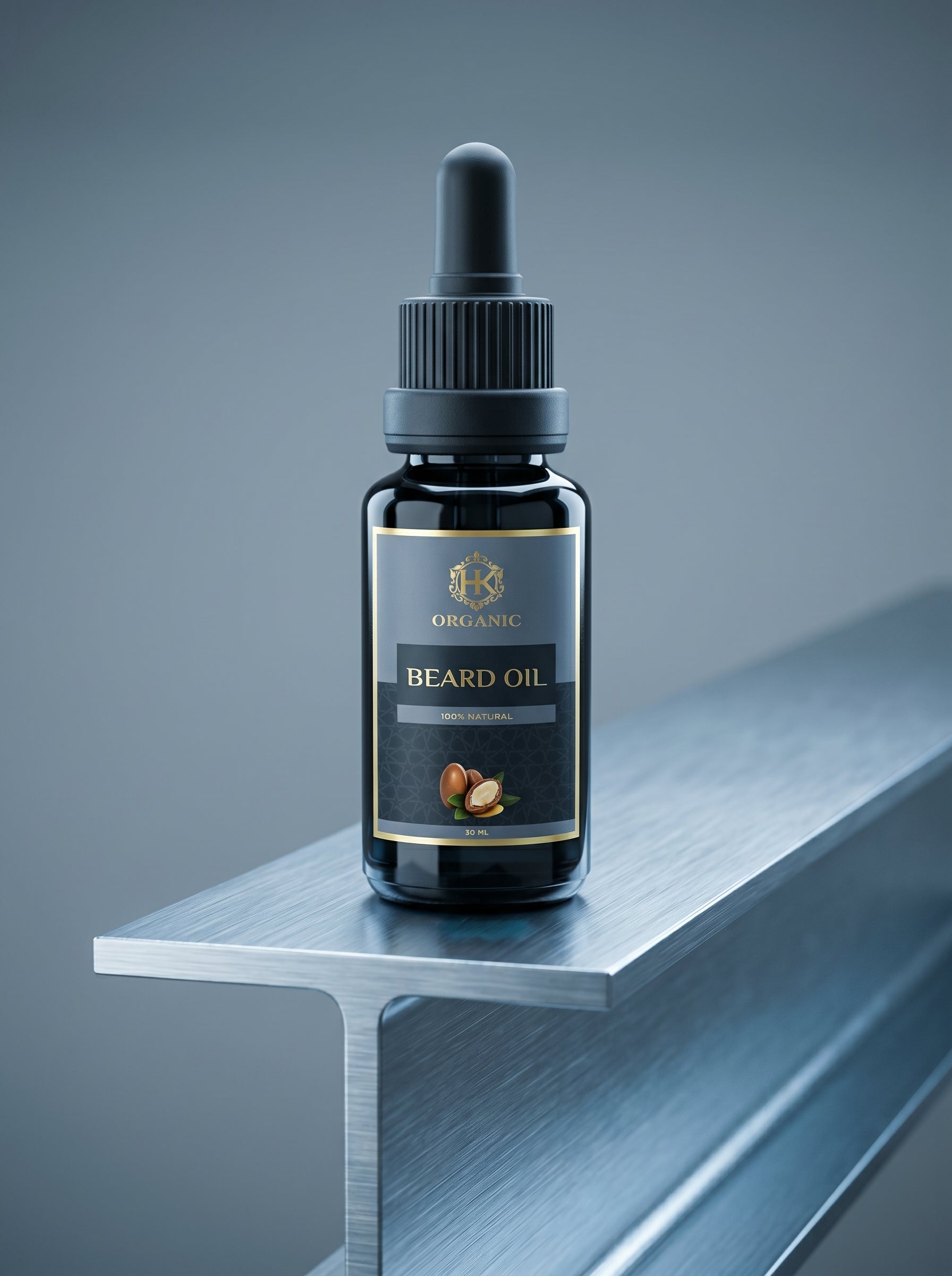 Bottle of beard oil with dropper on a metallic shelf against a gray background