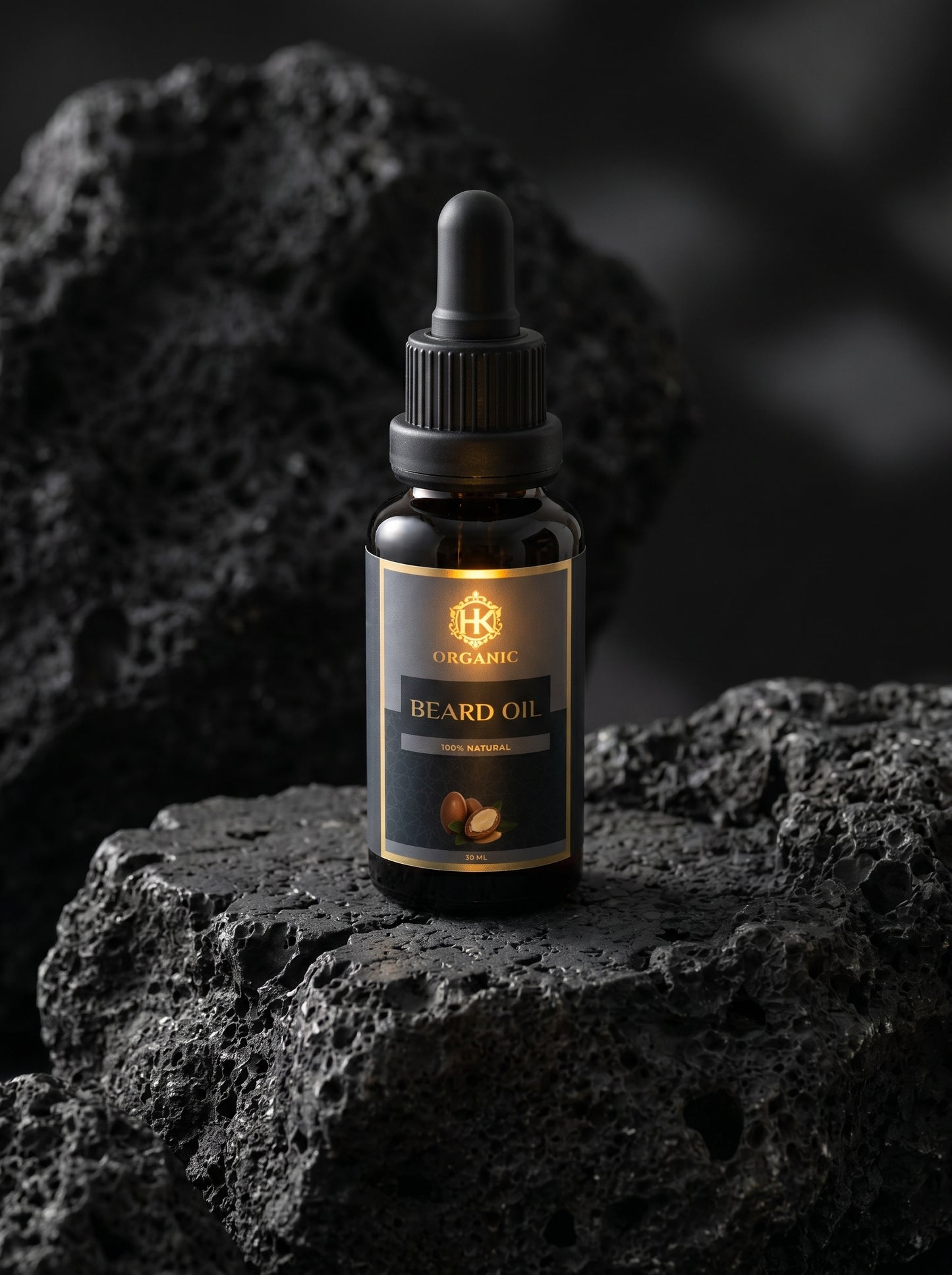 Beard oil bottle on a dark, textured surface