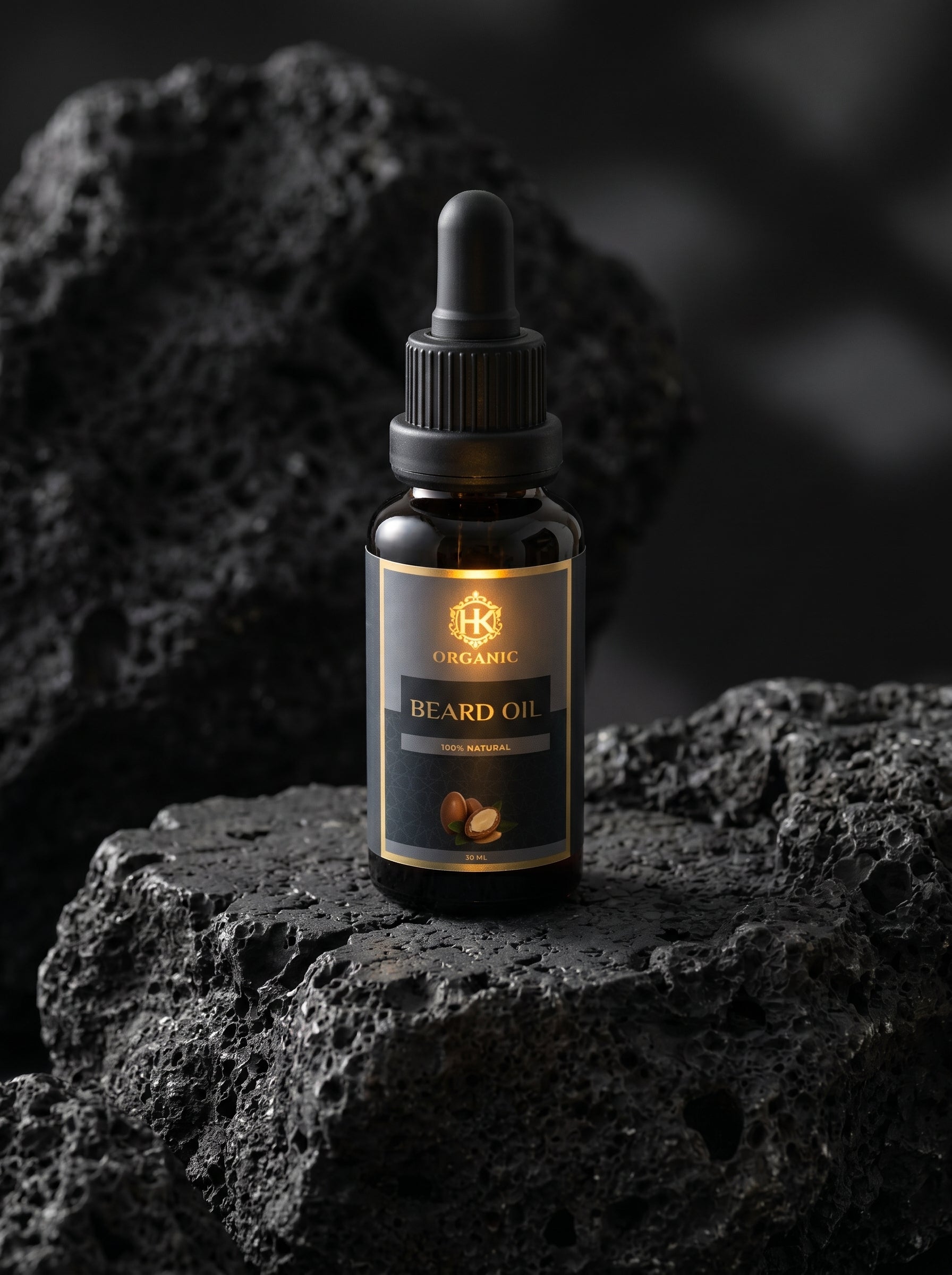 Beard oil bottle on a dark, textured surface