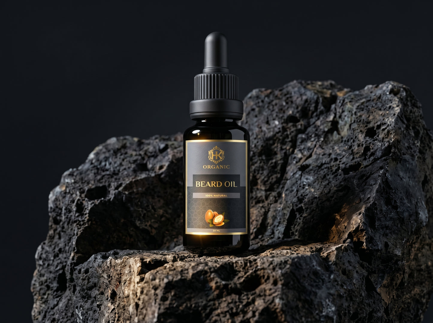 Beard oil bottle with dropper on a dark rock background