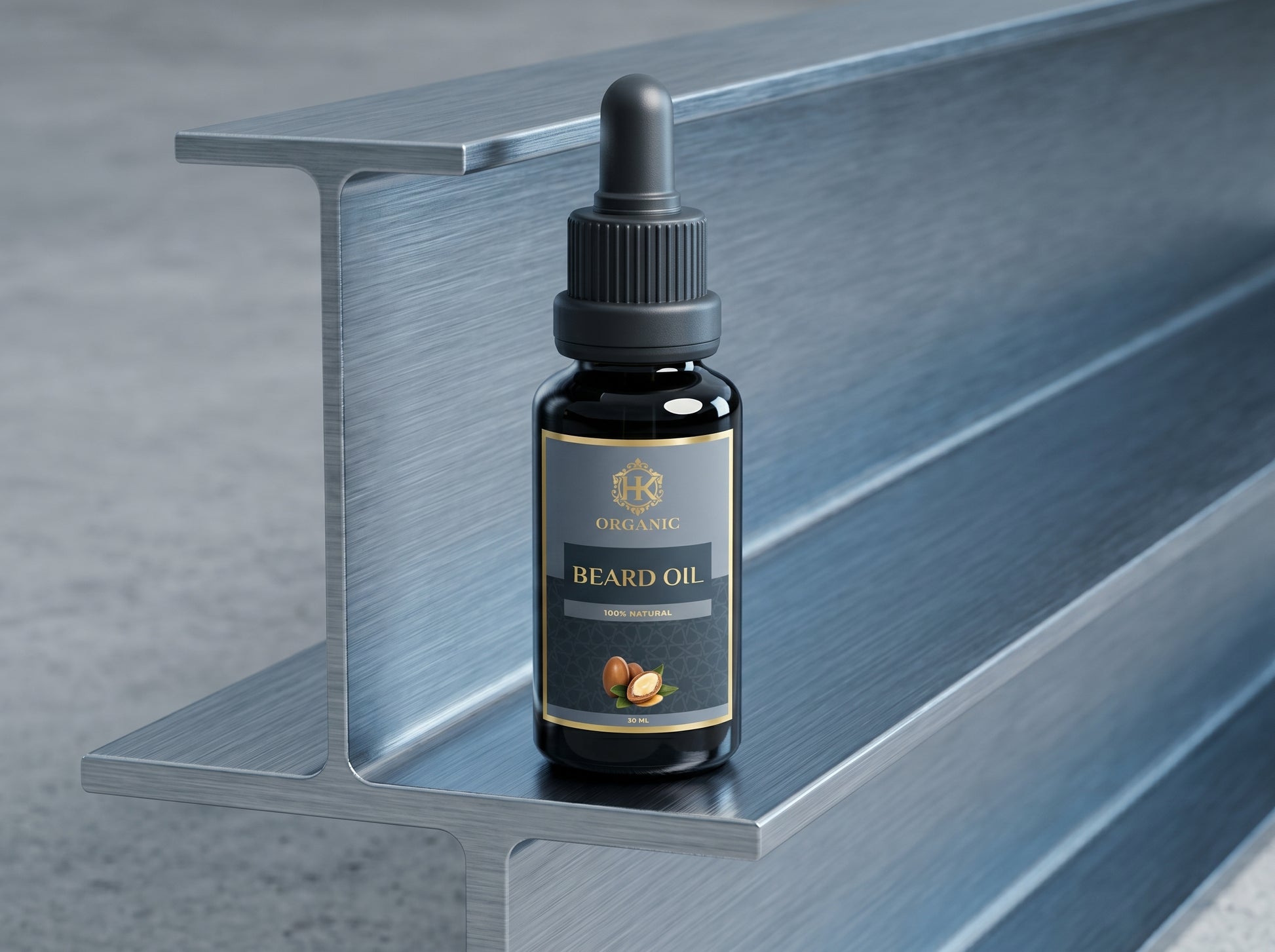 Bottle of beard oil on a metallic shelf with a neutral background