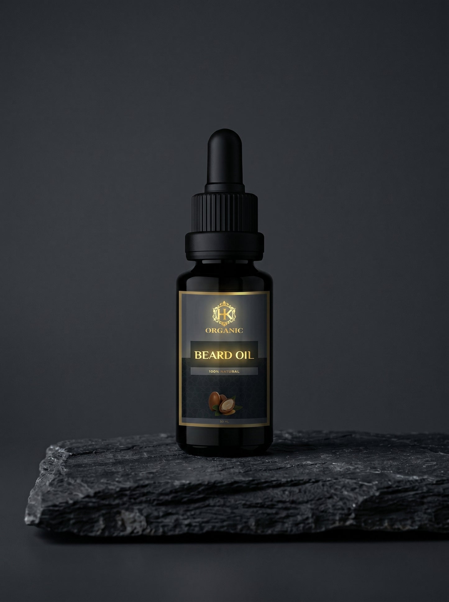 Bottle of beard oil on a dark background