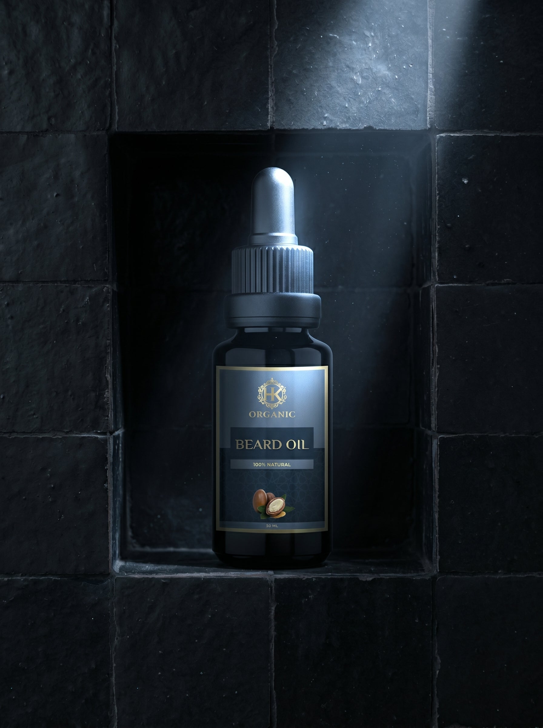 Bottle of beard oil on a dark tiled background