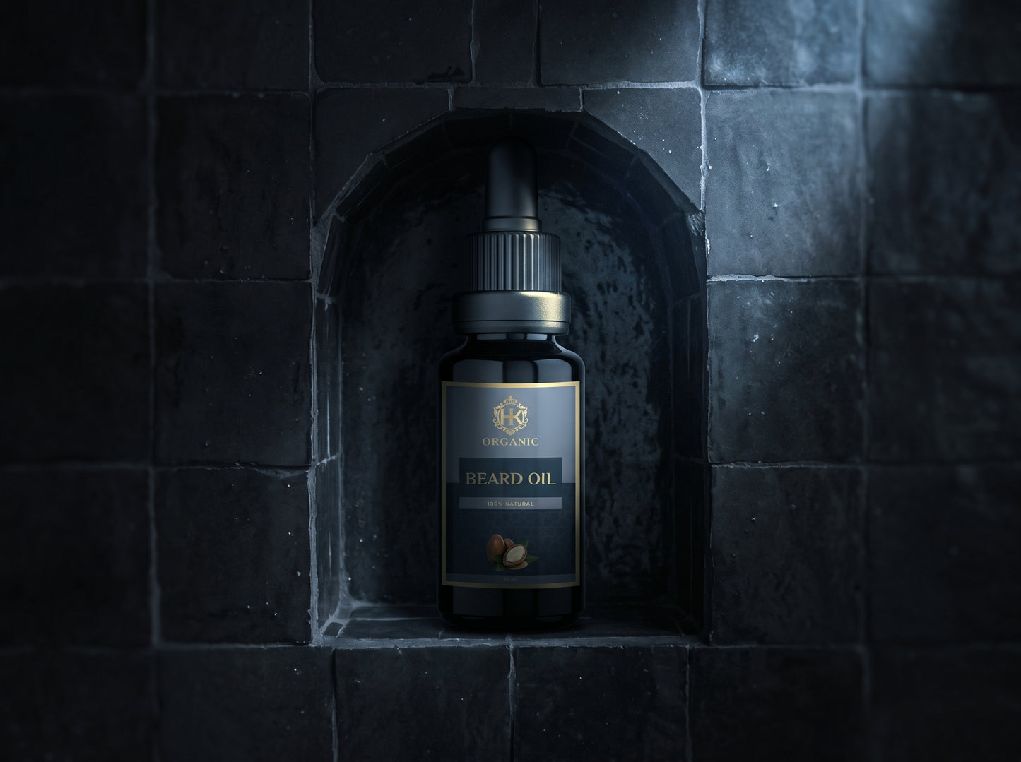 Bottle of beard oil in a dark stone niche