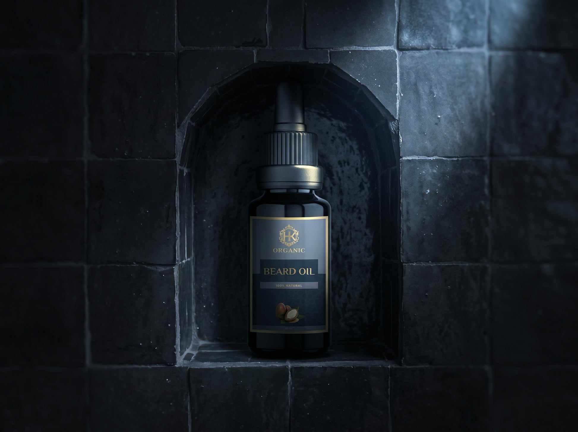 Bottle of beard oil in a dark stone niche