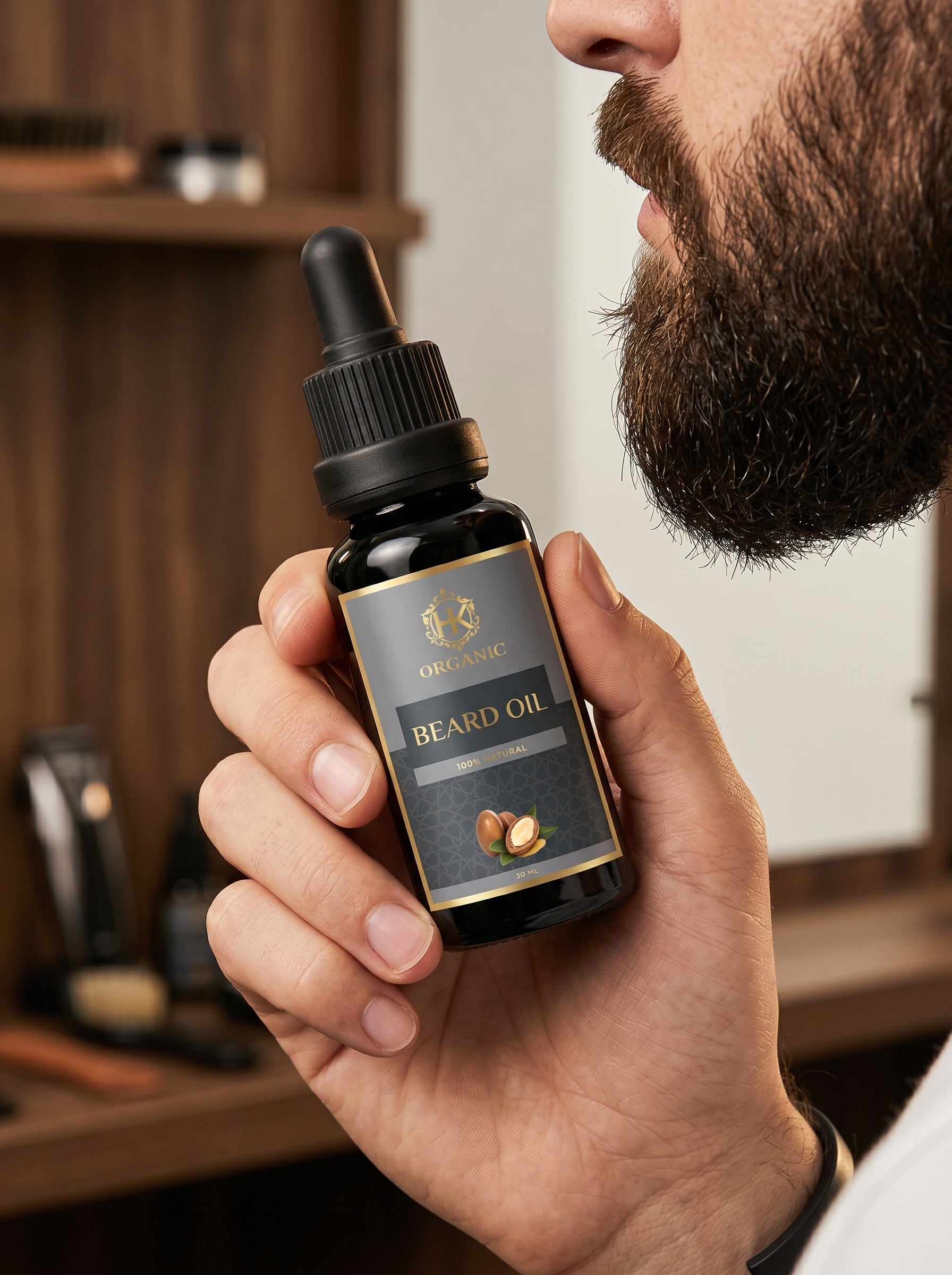 Hand holding a bottle of 'Original' beard oil with a blurred background