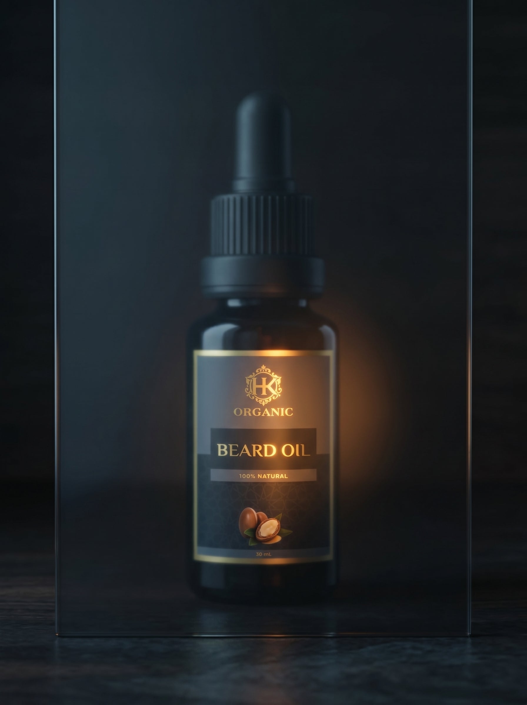 Bottle of organic beard oil with a dark background