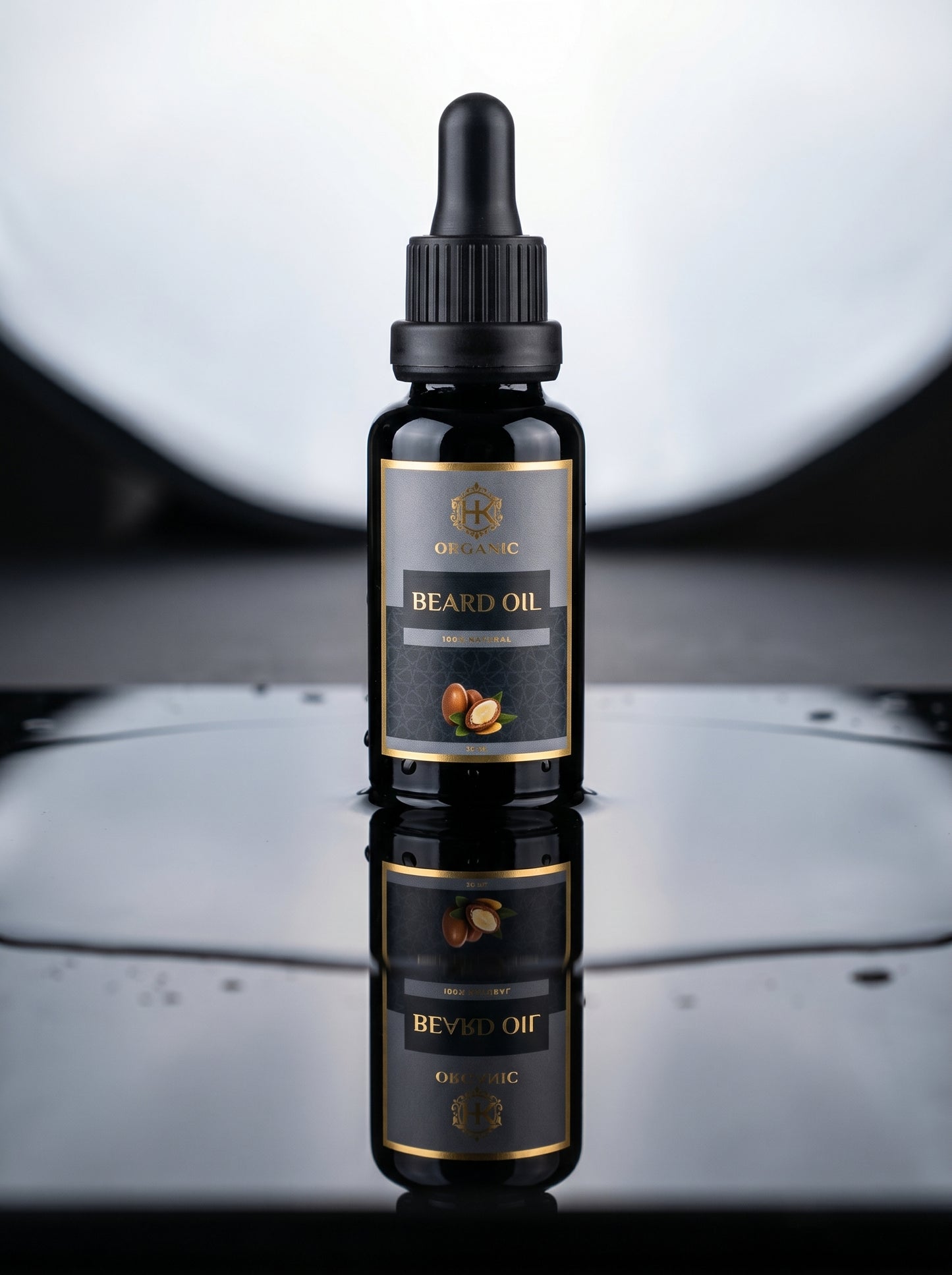 Black bottle of beard oil with dropper on a reflective surface
