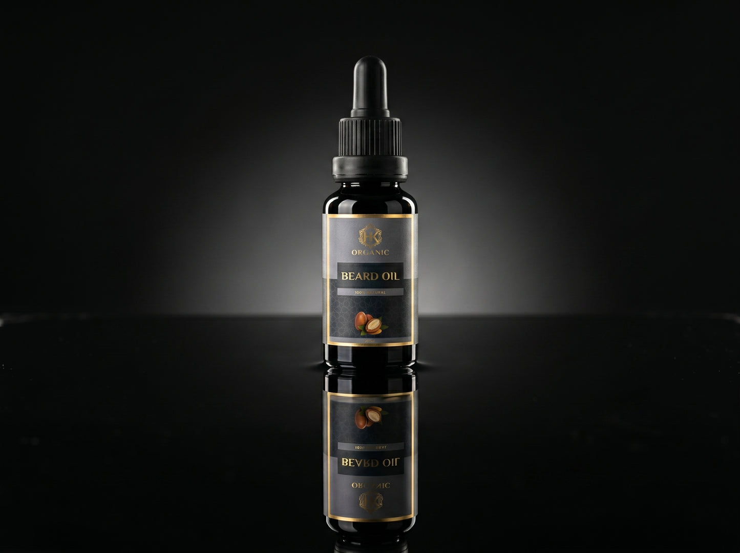 Beard oil bottle with dropper on a reflective black surface and dark background