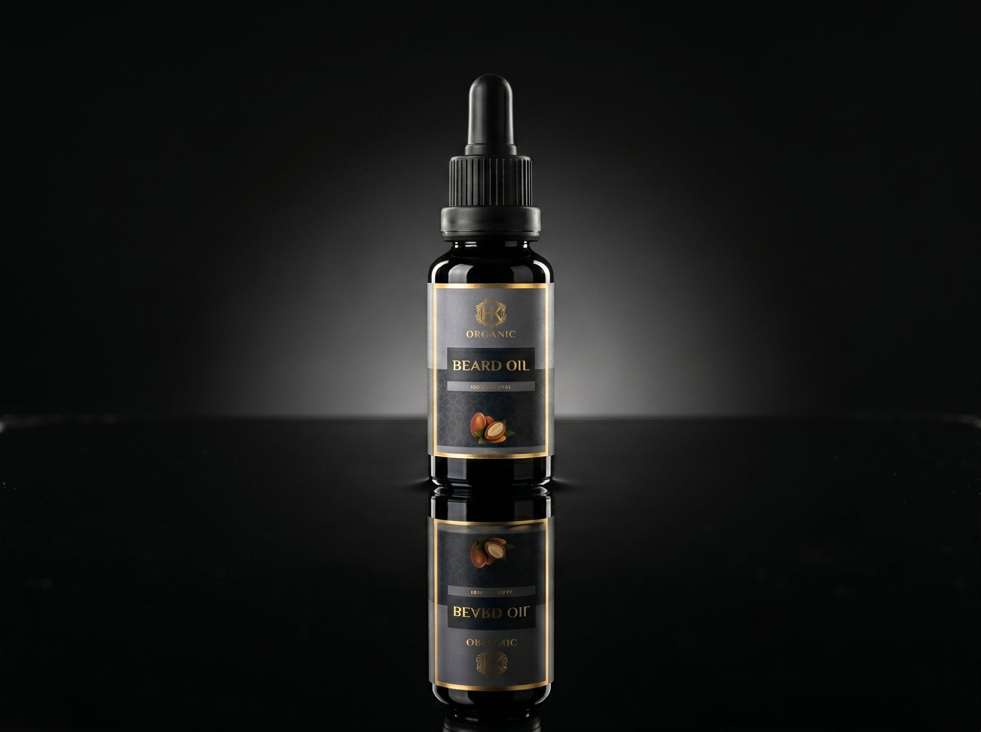 Beard oil bottle with dropper on a reflective black surface and dark background