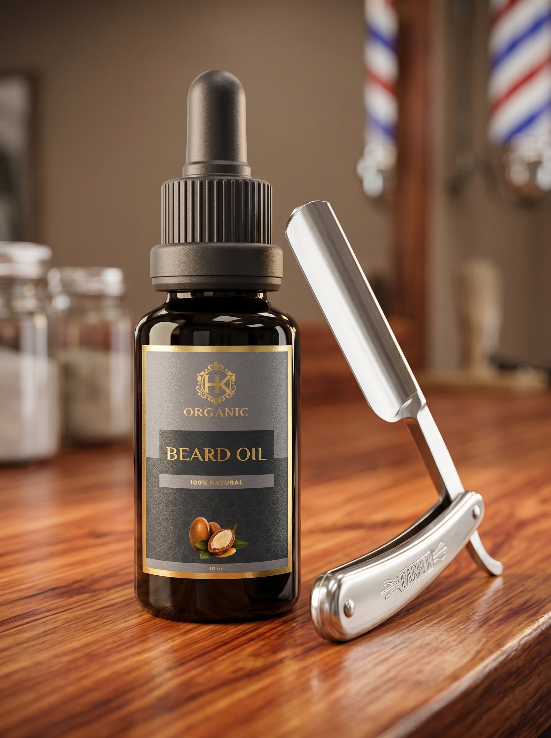 Bottle of Organic Beard Oil with a straight razor on a wooden surface, barbershop background.