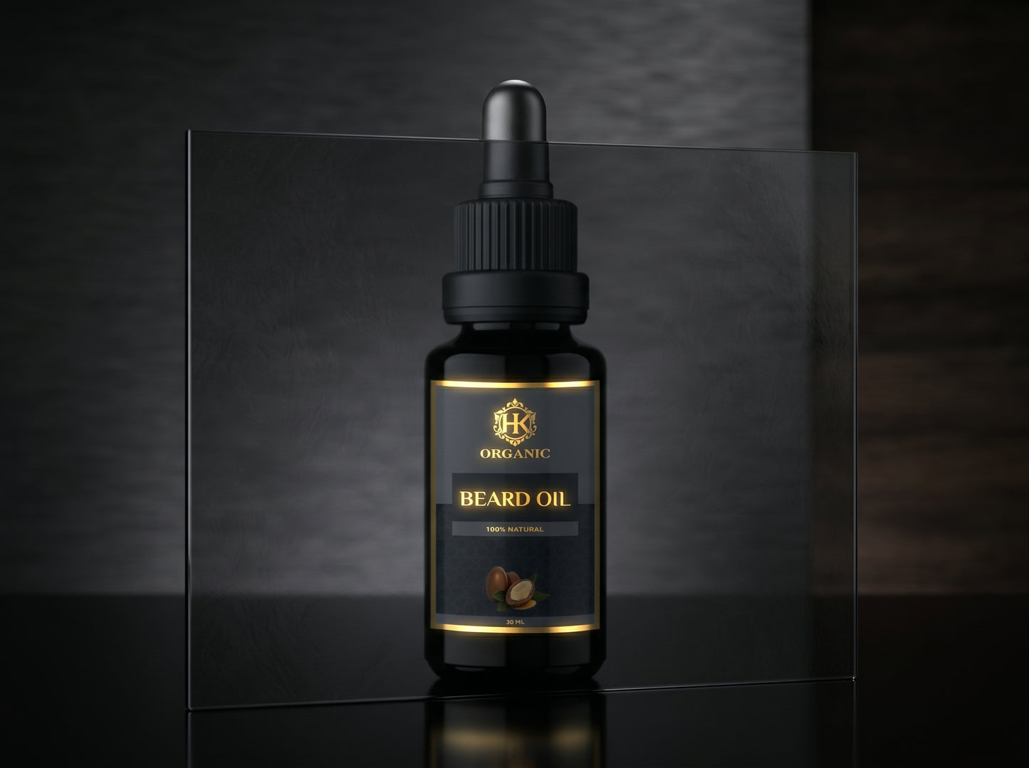 Bottle of beard oil with a dropper on a dark background
