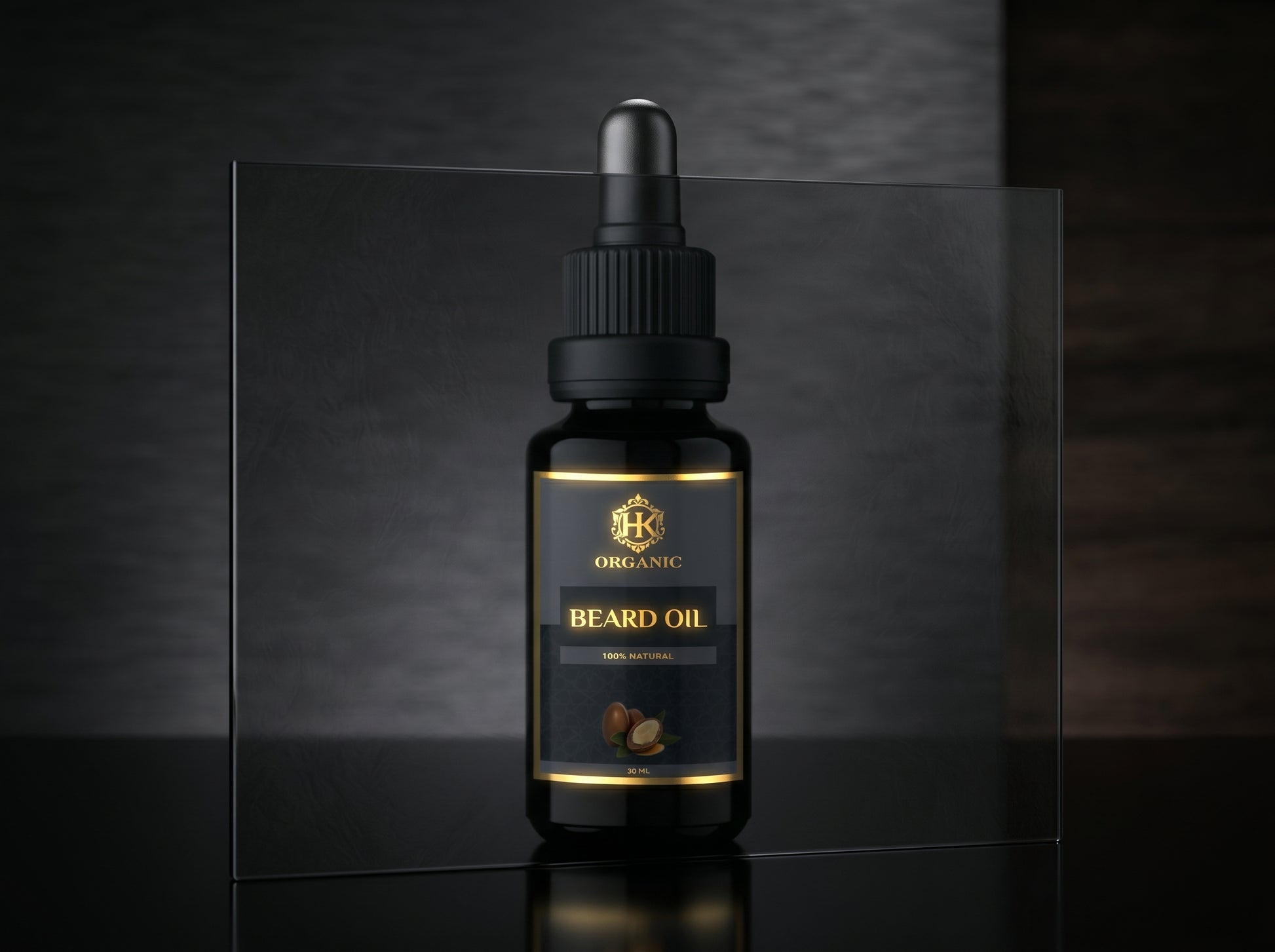 Bottle of beard oil with a dropper on a dark background