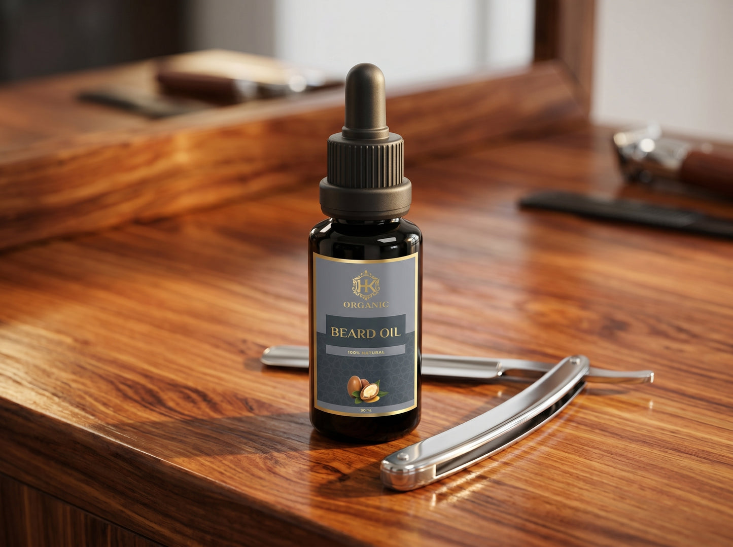Beard oil bottle on a wooden surface with grooming tools
