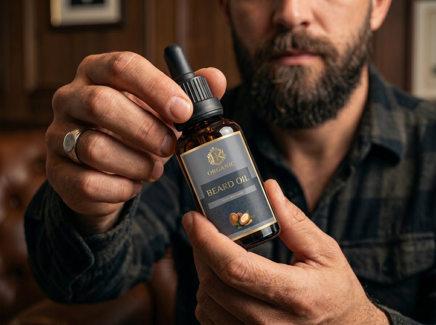 Man holding a bottle of Organic Beard Oil with a blurred background