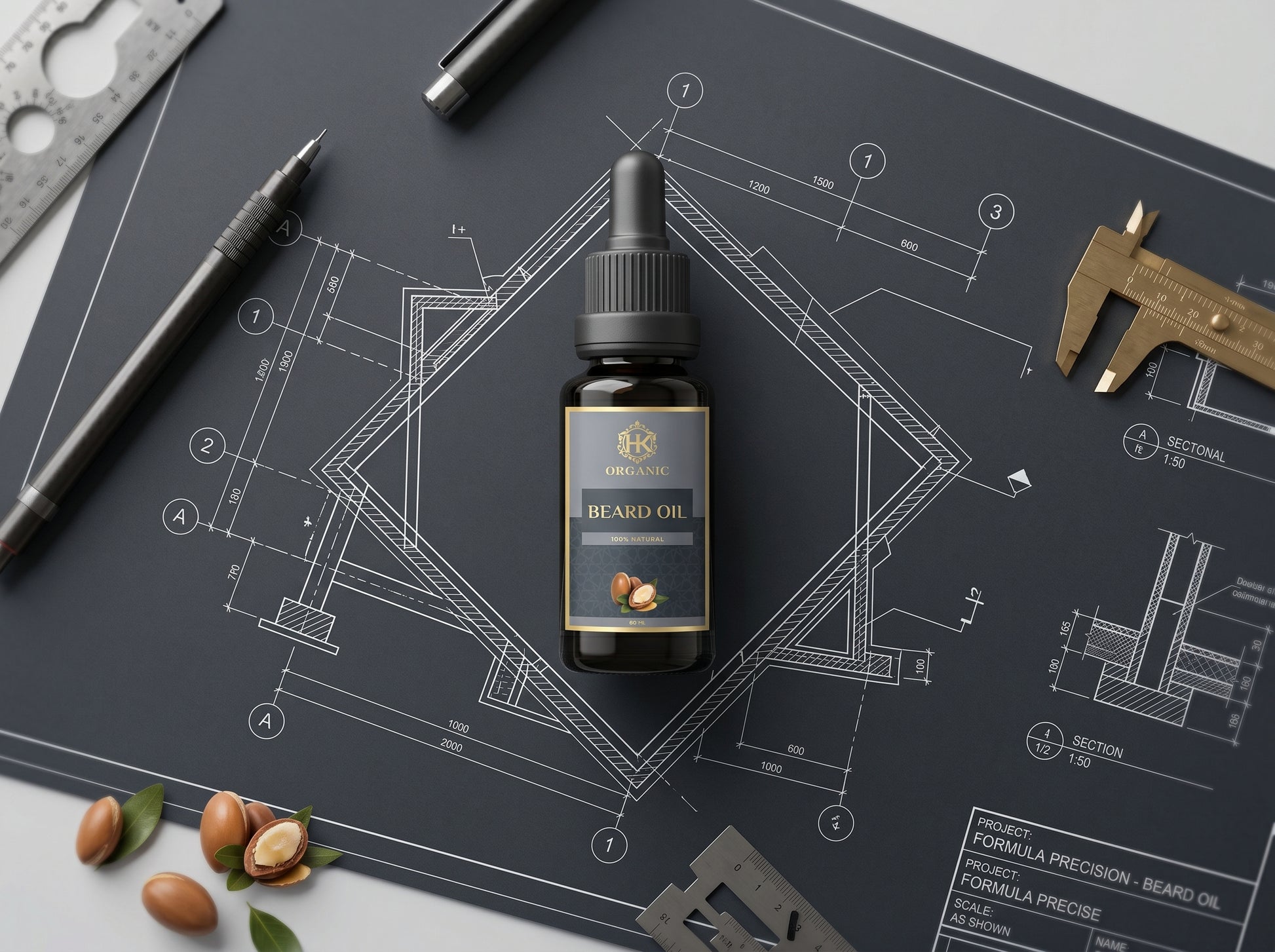 Beard oil bottle on a technical drawing with tools and nuts around