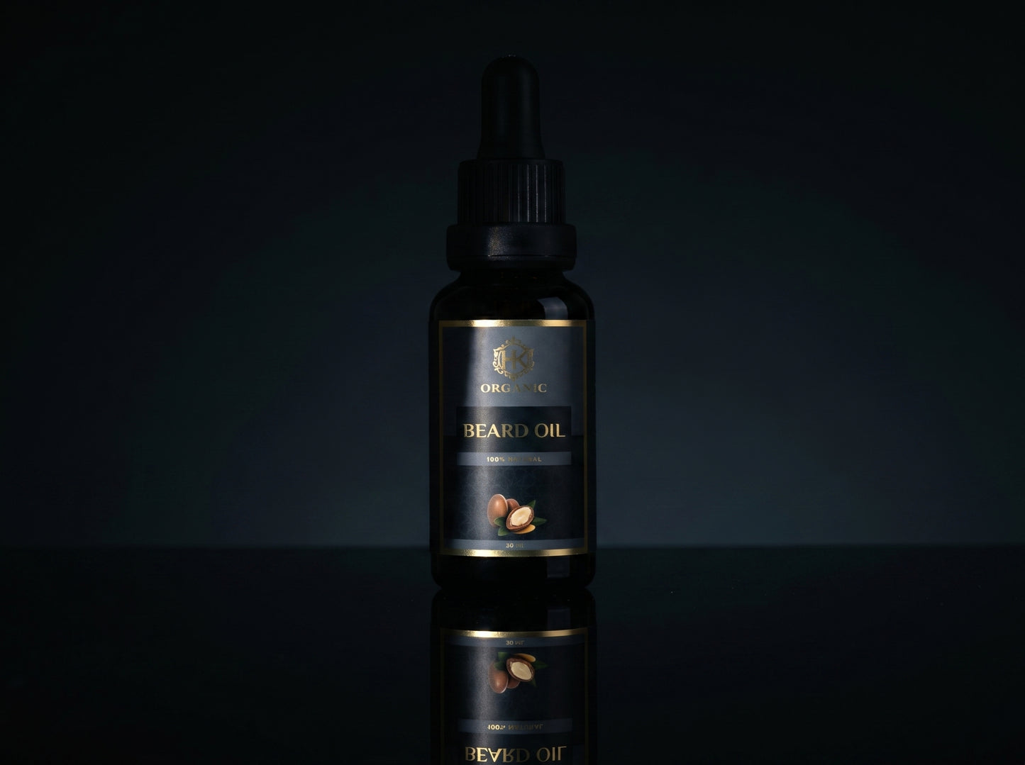 Beard oil dropper bottle with dark background