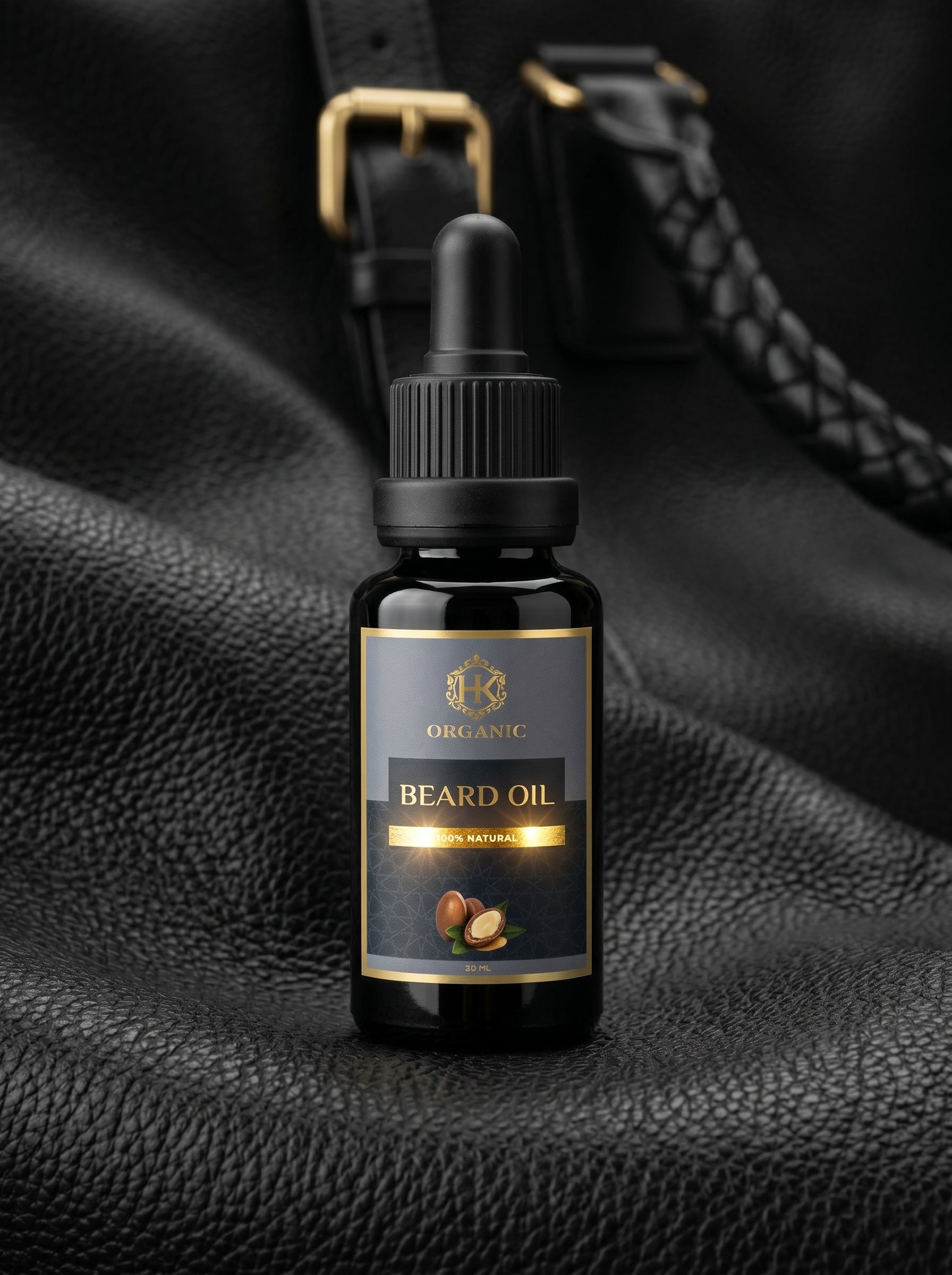 Bottle of beard oil with a dropper on a textured black surface