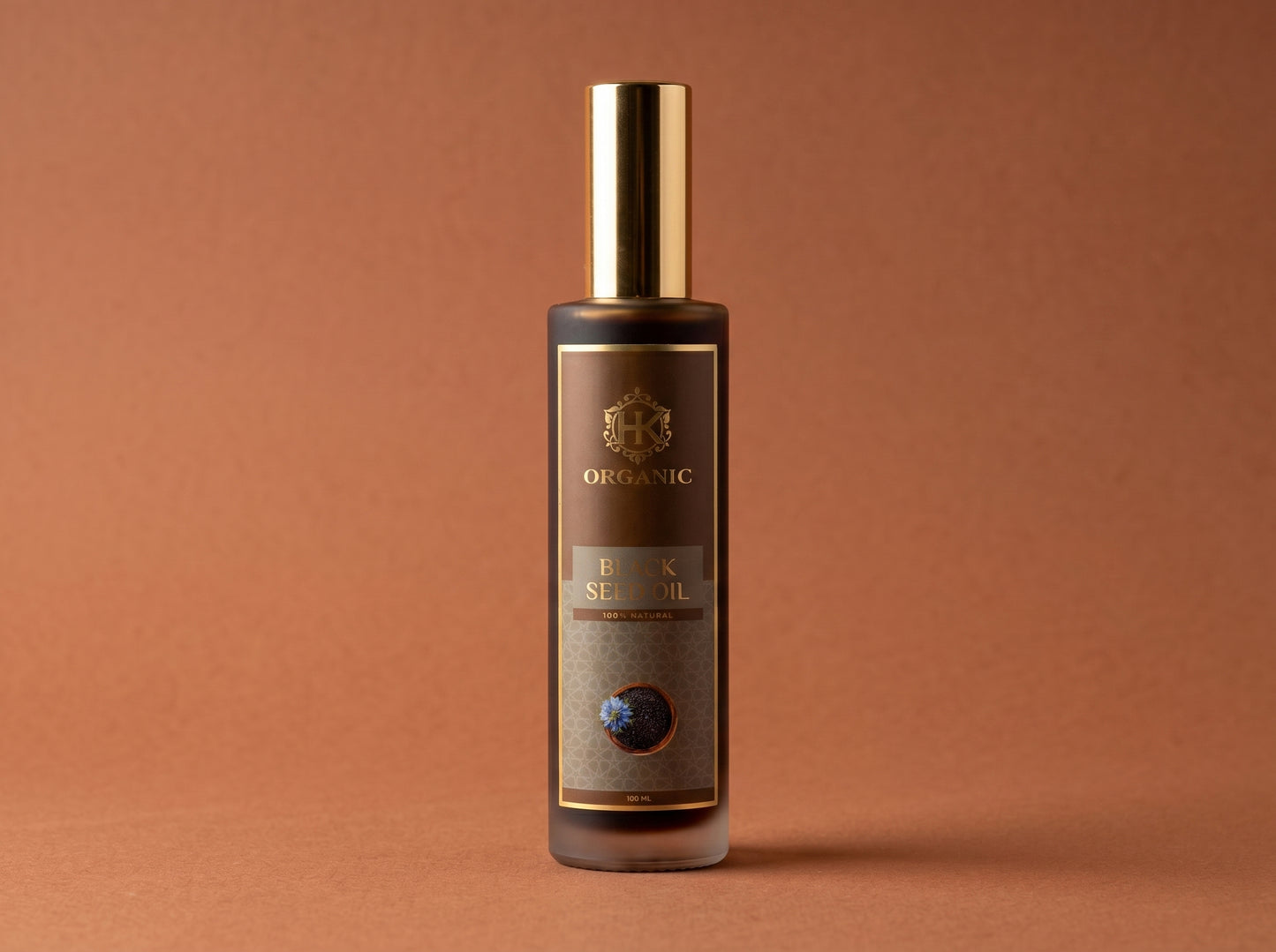 Bottle of organic hair serum on a brown background