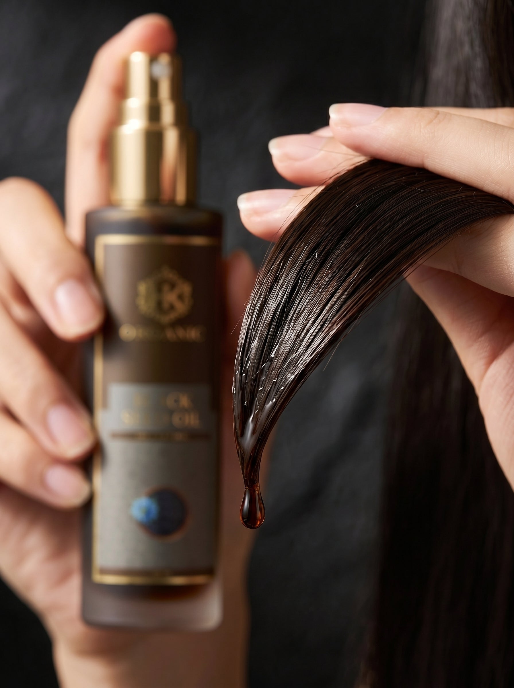 Hair oil bottle with a droplet of oil being applied to hair