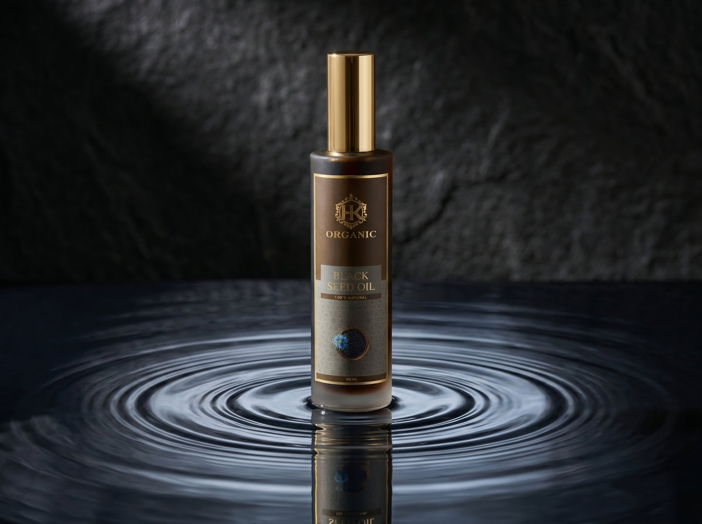 Skincare serum bottle with 'ORGANIC' label on a dark background