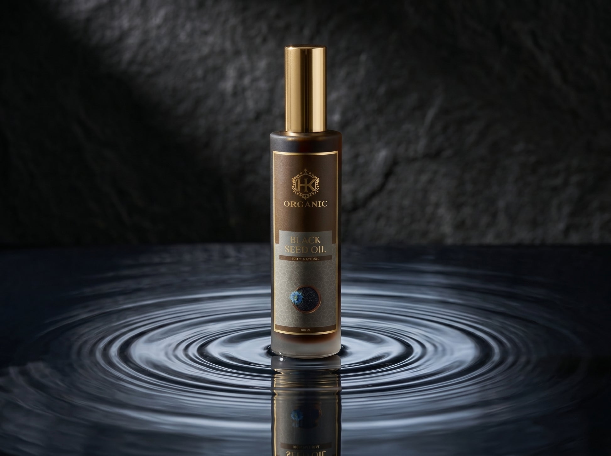 Skincare serum bottle with 'ORGANIC' label on a dark background