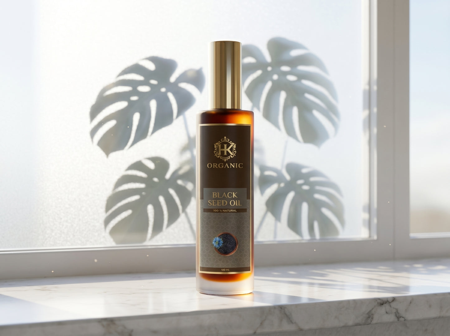 Bottle of organic black seed oil on a marble surface with a window in the background