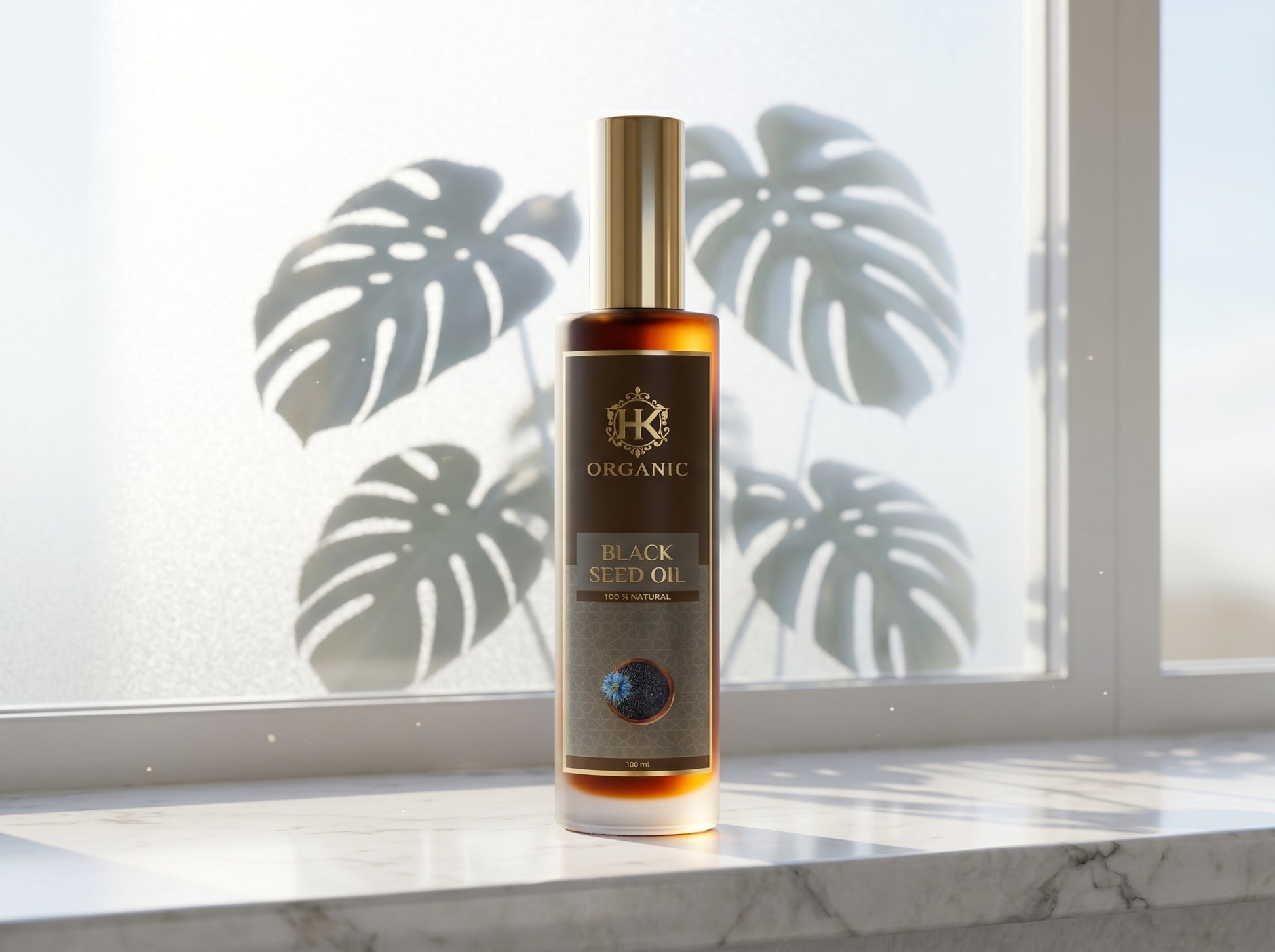 Bottle of organic black seed oil on a marble surface with a window in the background