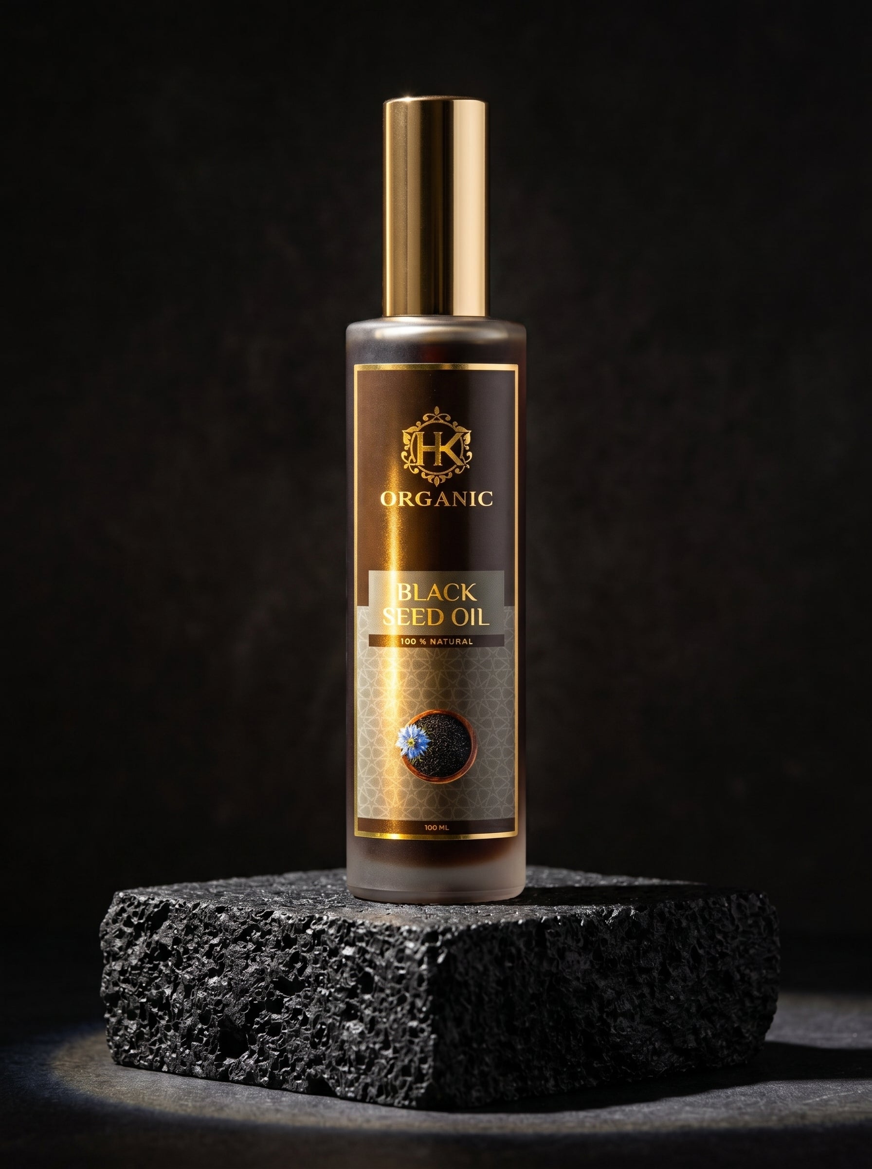 Bottle of organic black seed oil on a dark background