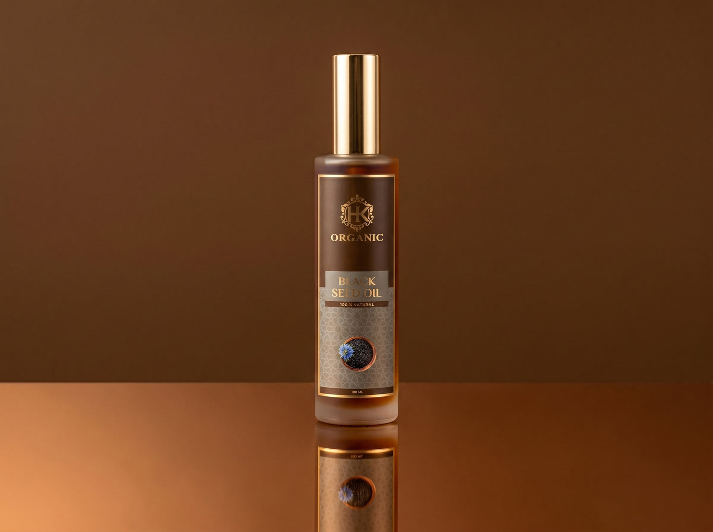 Bottle of organic dark seed oil on a reflective surface with a brown background