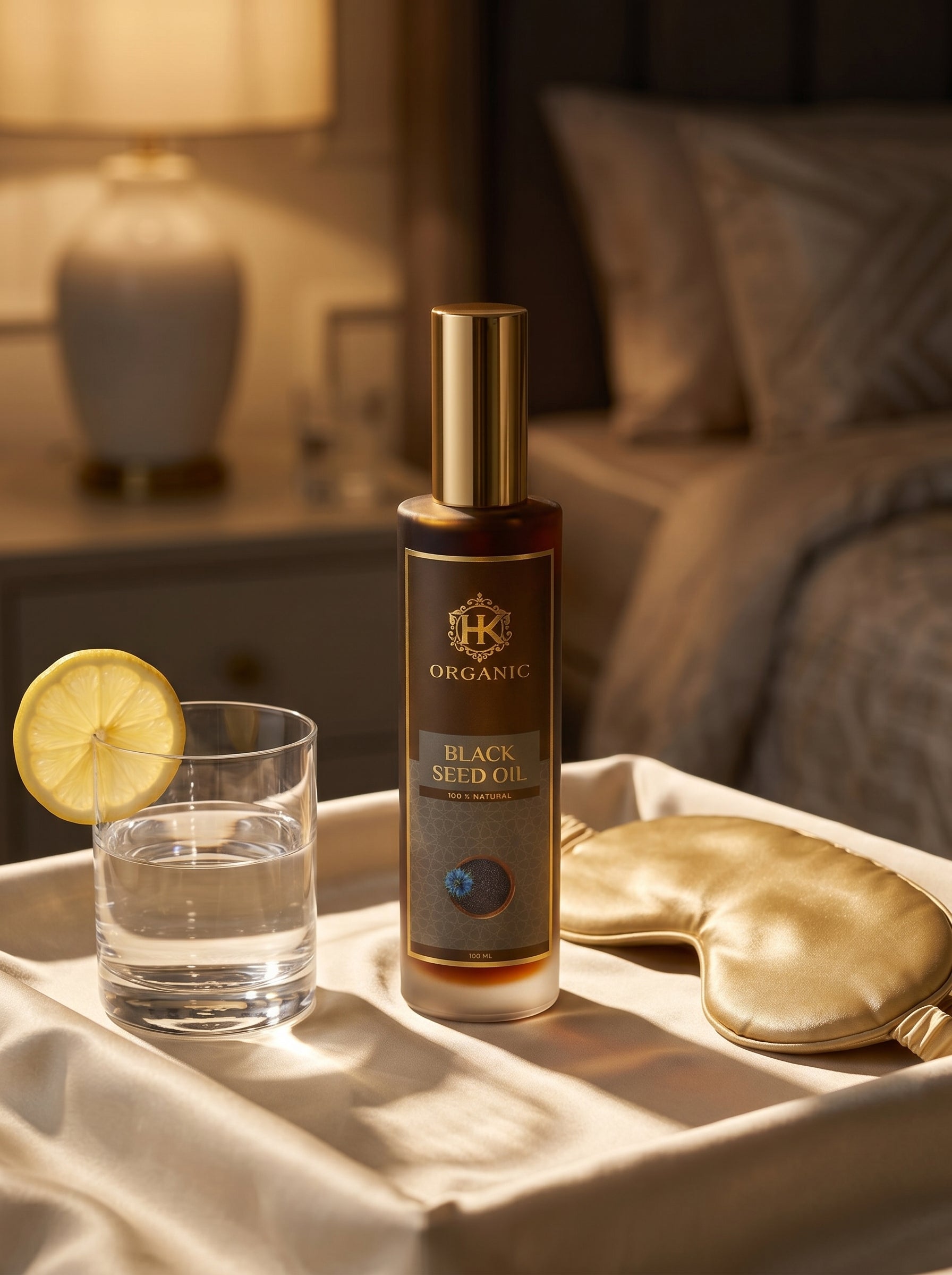 Bottle of organic black seed oil on a tray with a glass of water and lemon slice, set against a bedroom background.