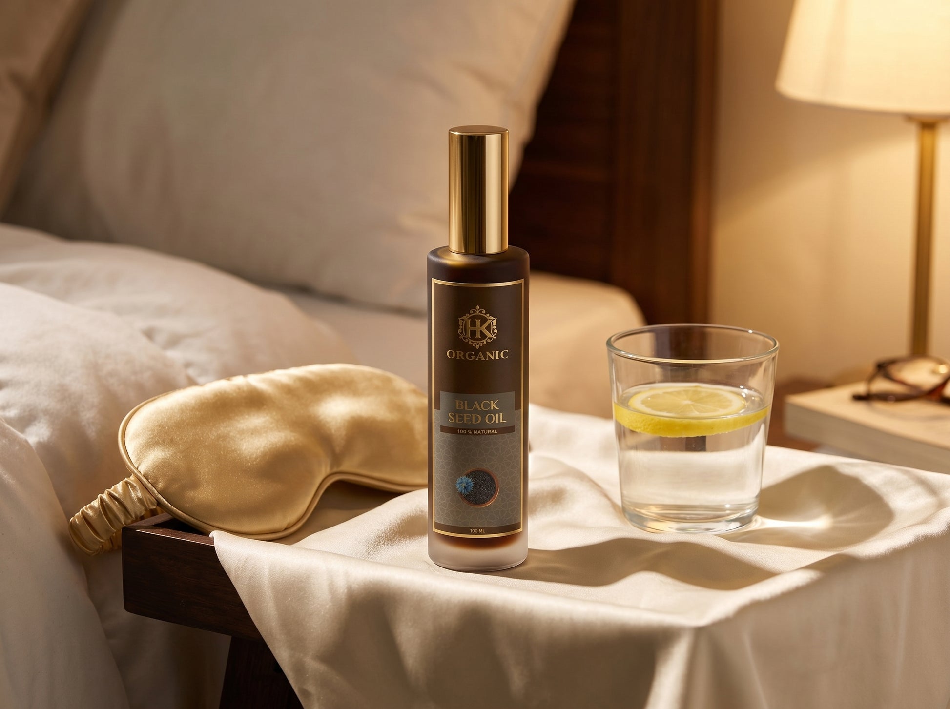 Bottle of skincare product, sleep mask, and glass of water on a bed