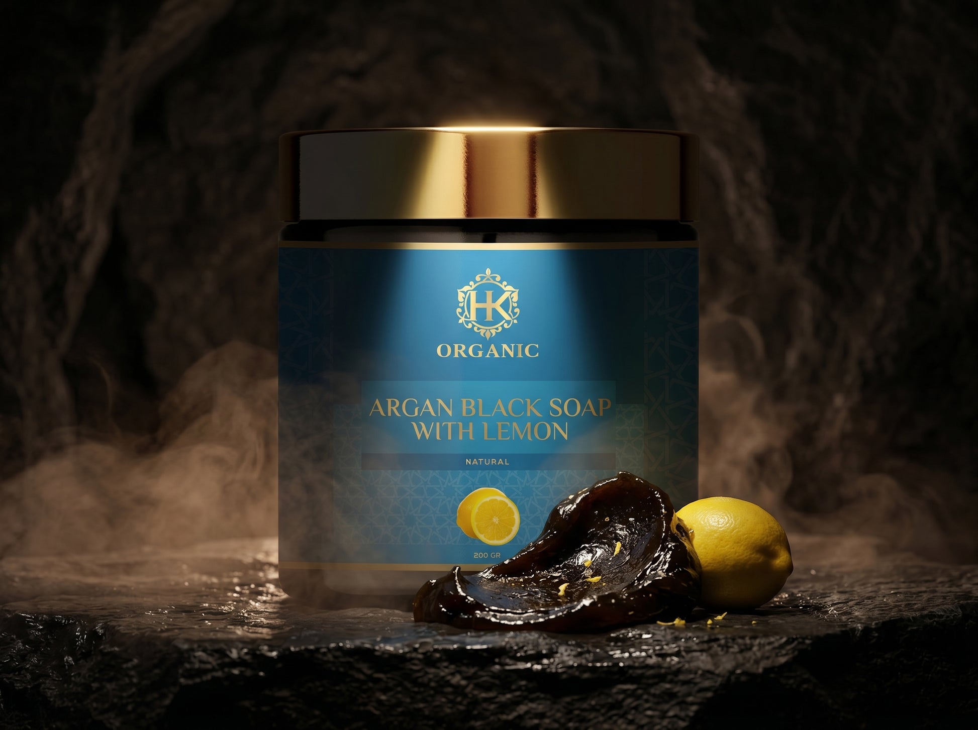 Container of argan black soap with lemon on a dark background