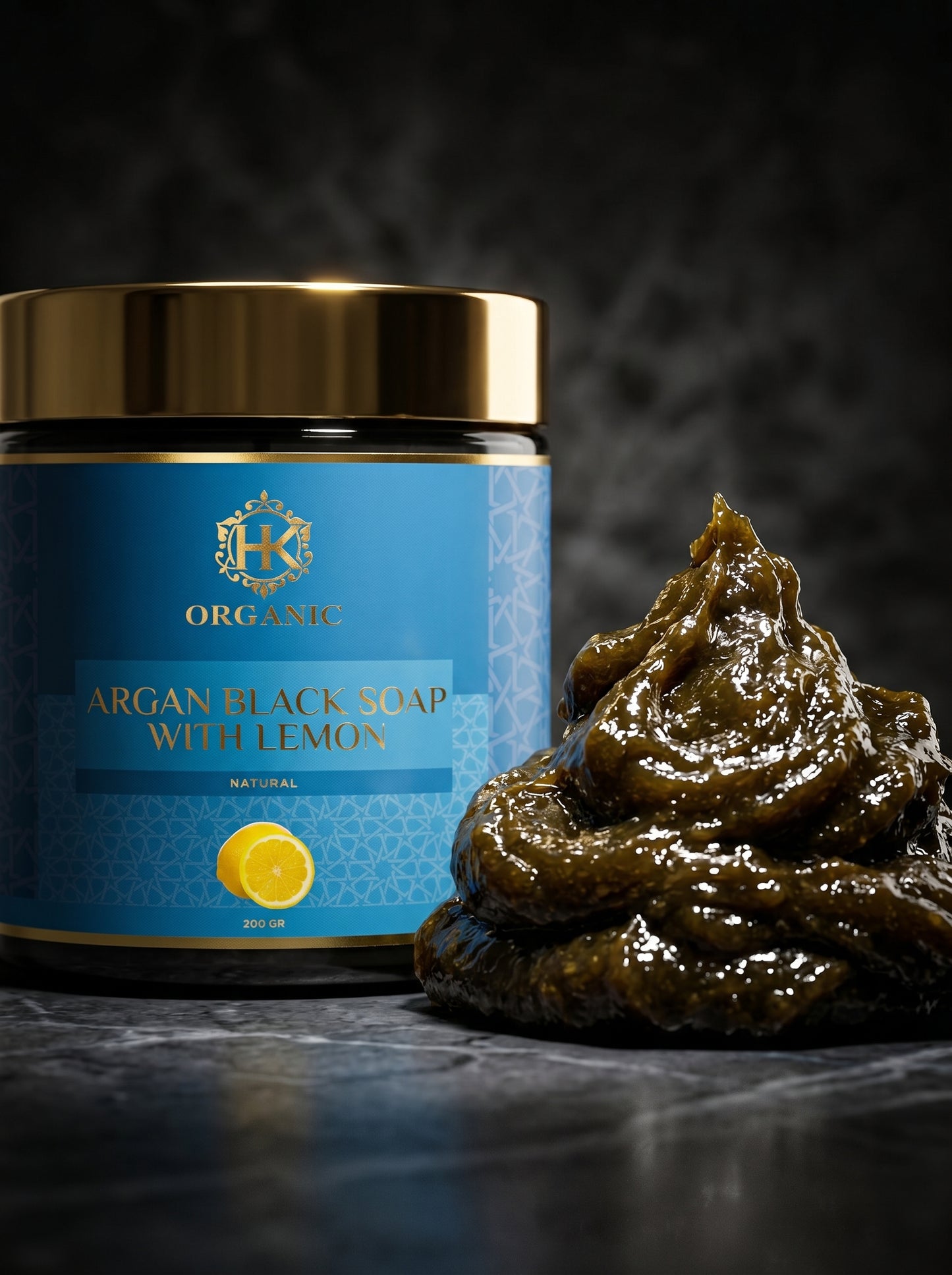 Jar of Argan Black Soap with Lemon and soap bar on a dark background