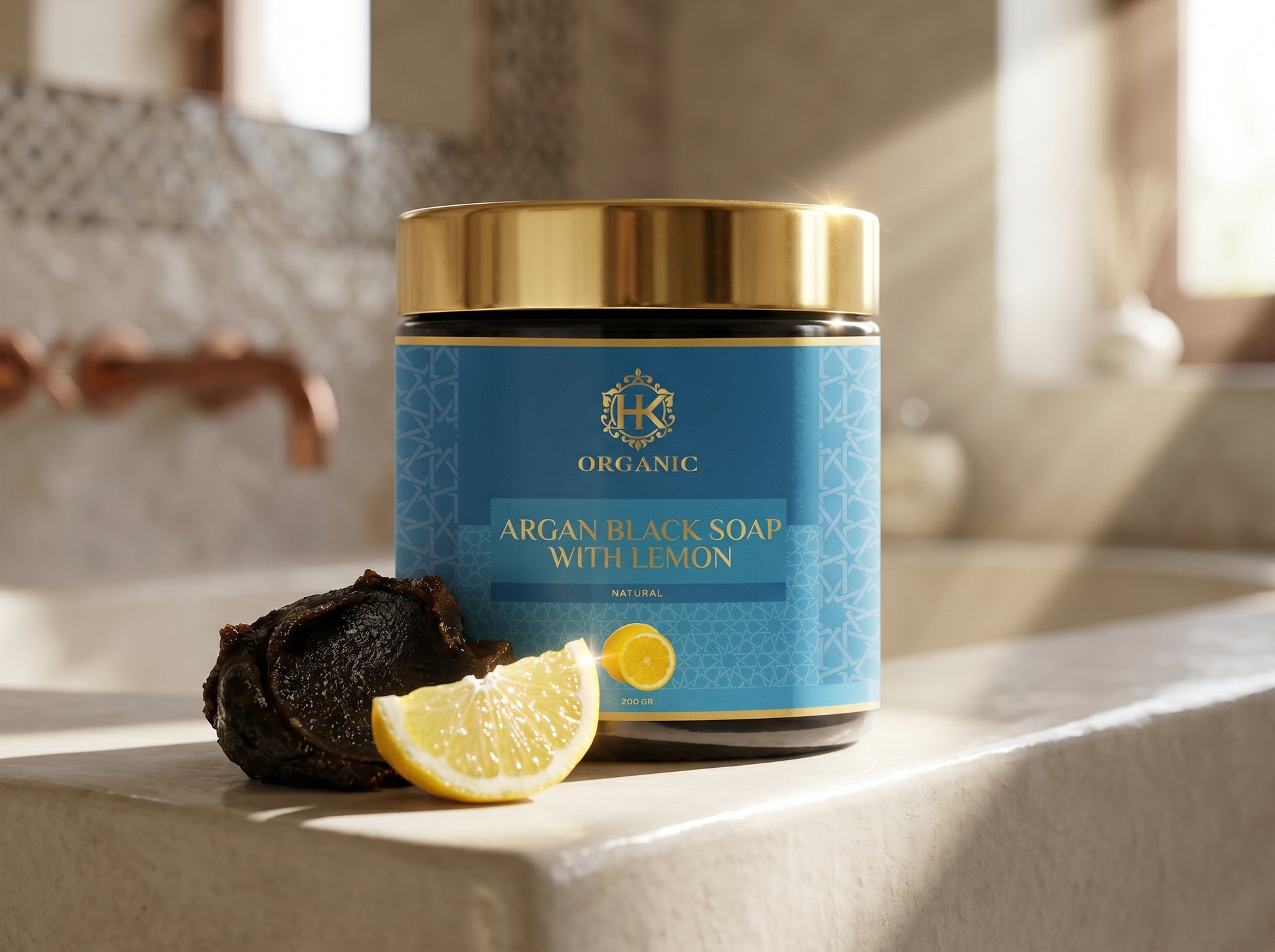 Jar of organic argan black soap with lemon on a bathroom counter