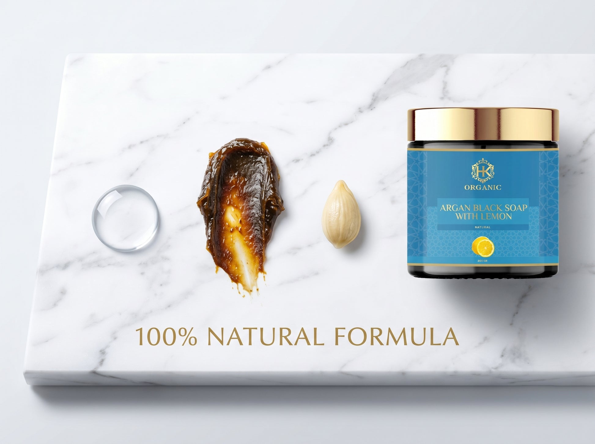 Jar of organic argan body scrub with natural ingredients on a marble surface