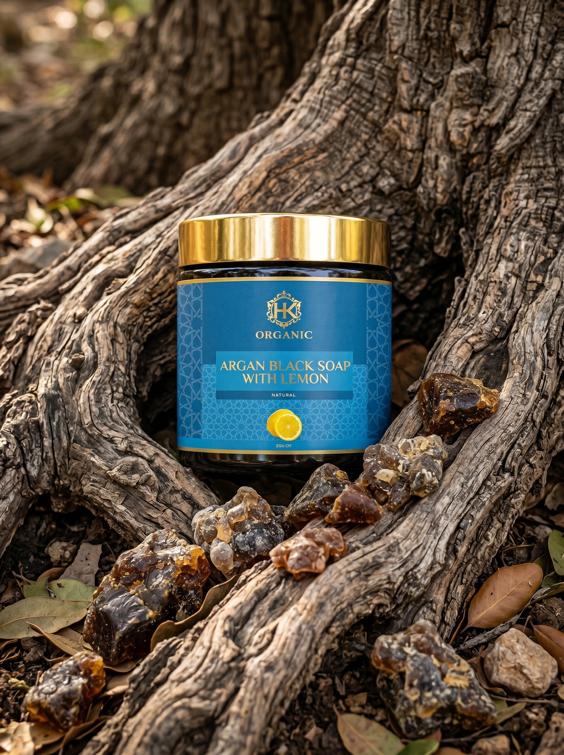 Jar of argan black soap with lemon on a natural background