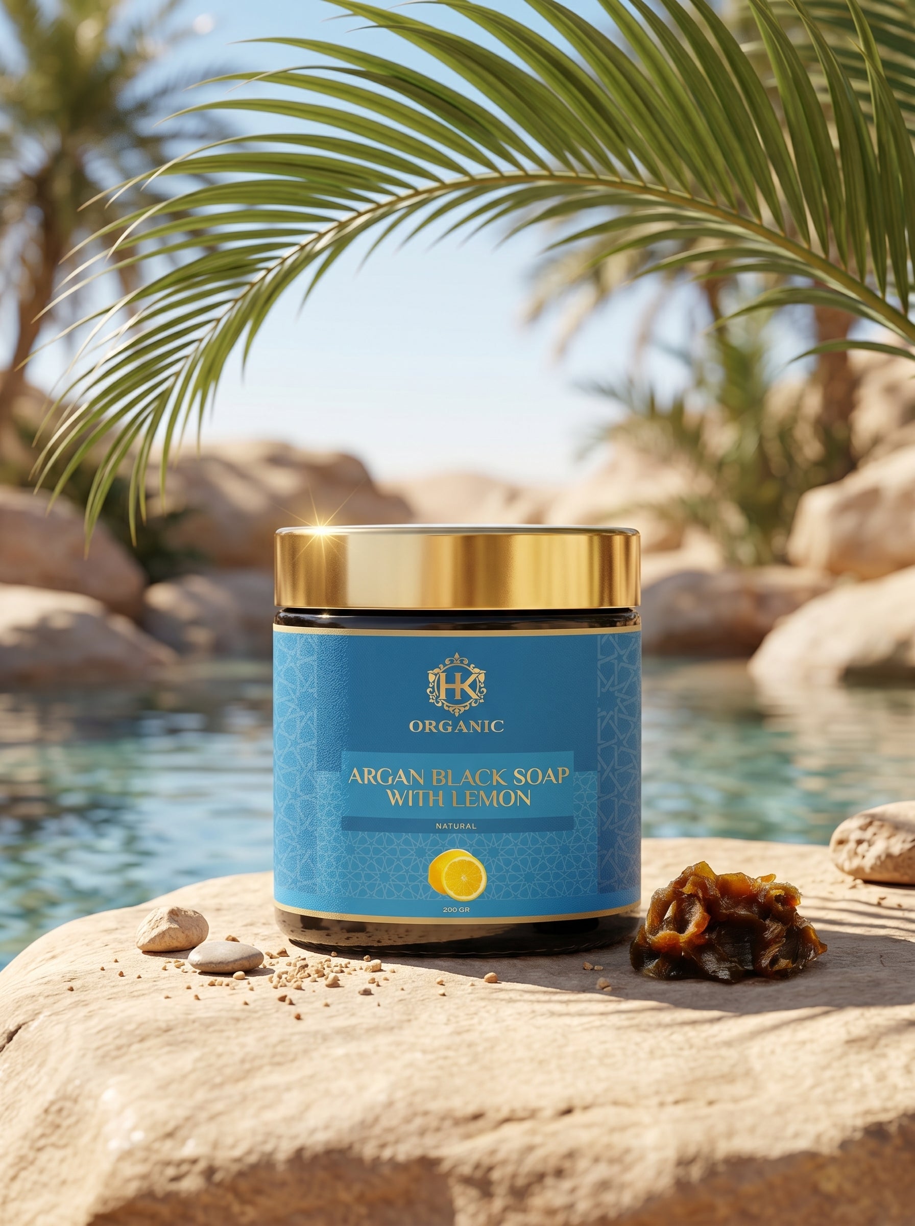Blue jar of argan black soap with lemon on a rock by a pool with palm leaves