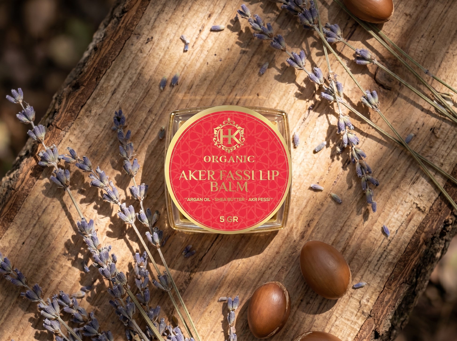 Lip balm container on a wooden surface with lavender and eggs