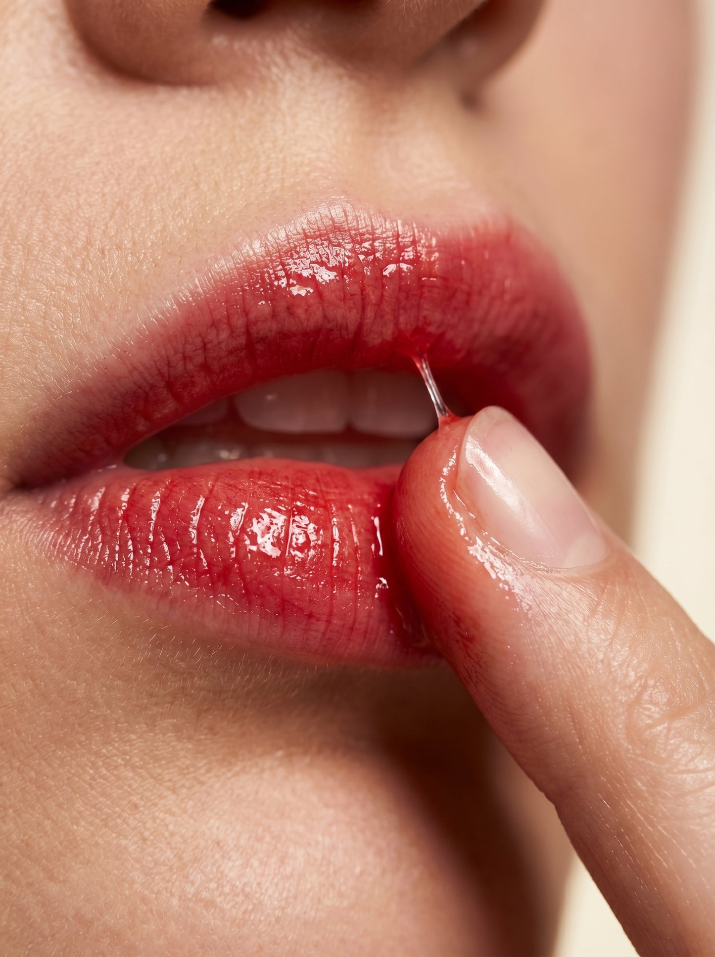 Close-up of a person applying red lipstick with a finger.