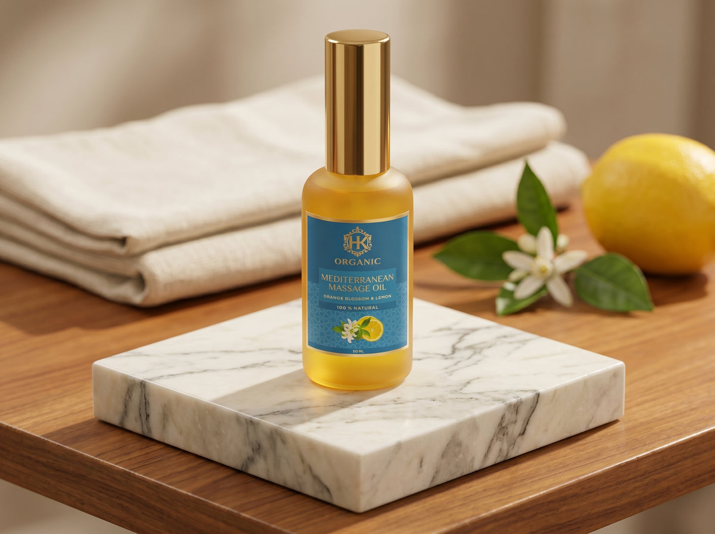 Bottle of organic massage oil on a marble coaster with lemon and flowers on a wooden surface.