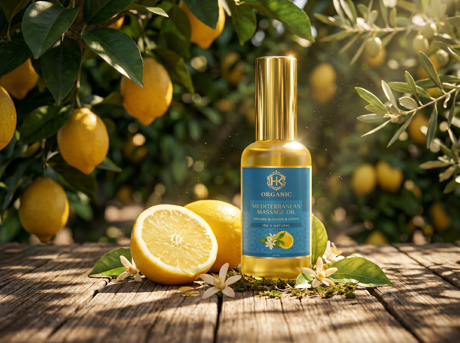 Bottle of organic Mediterranean massage oil with lemons and lemon tree in the background