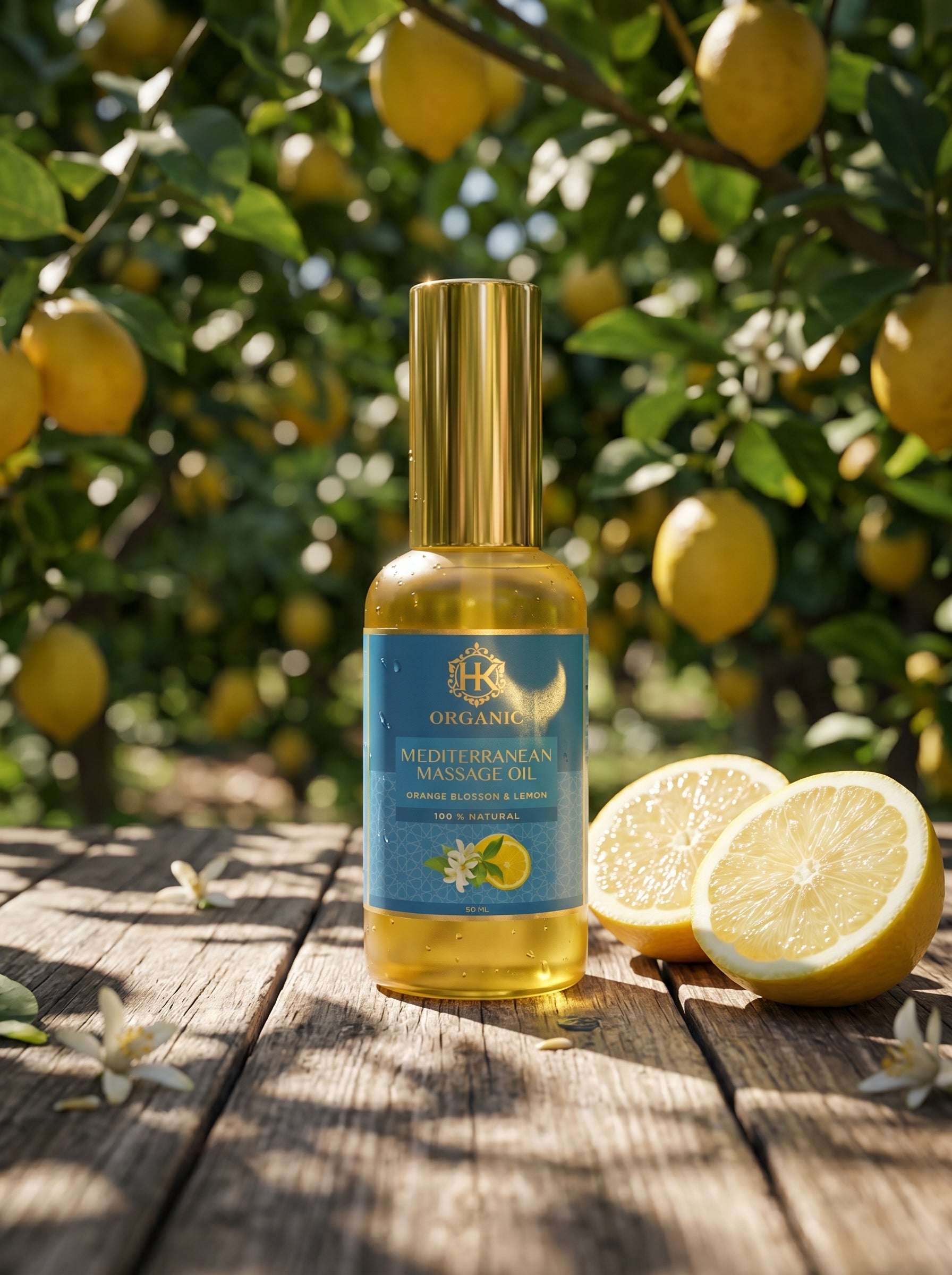 Bottle of organic olive oil with lemons and a lemon tree in the background