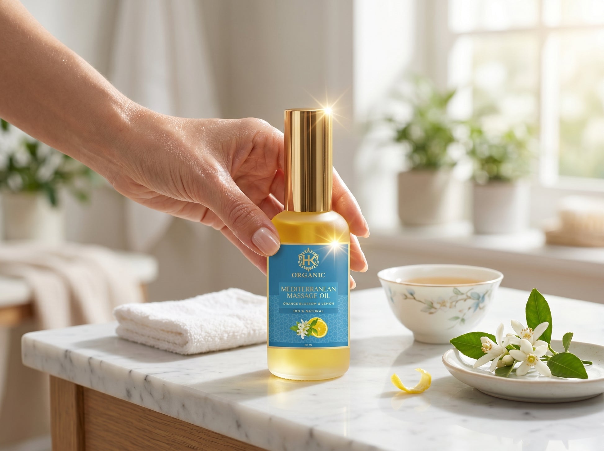 Hand holding a bottle of R+Co hair product on a marble surface with a tea cup and flowers in the background.