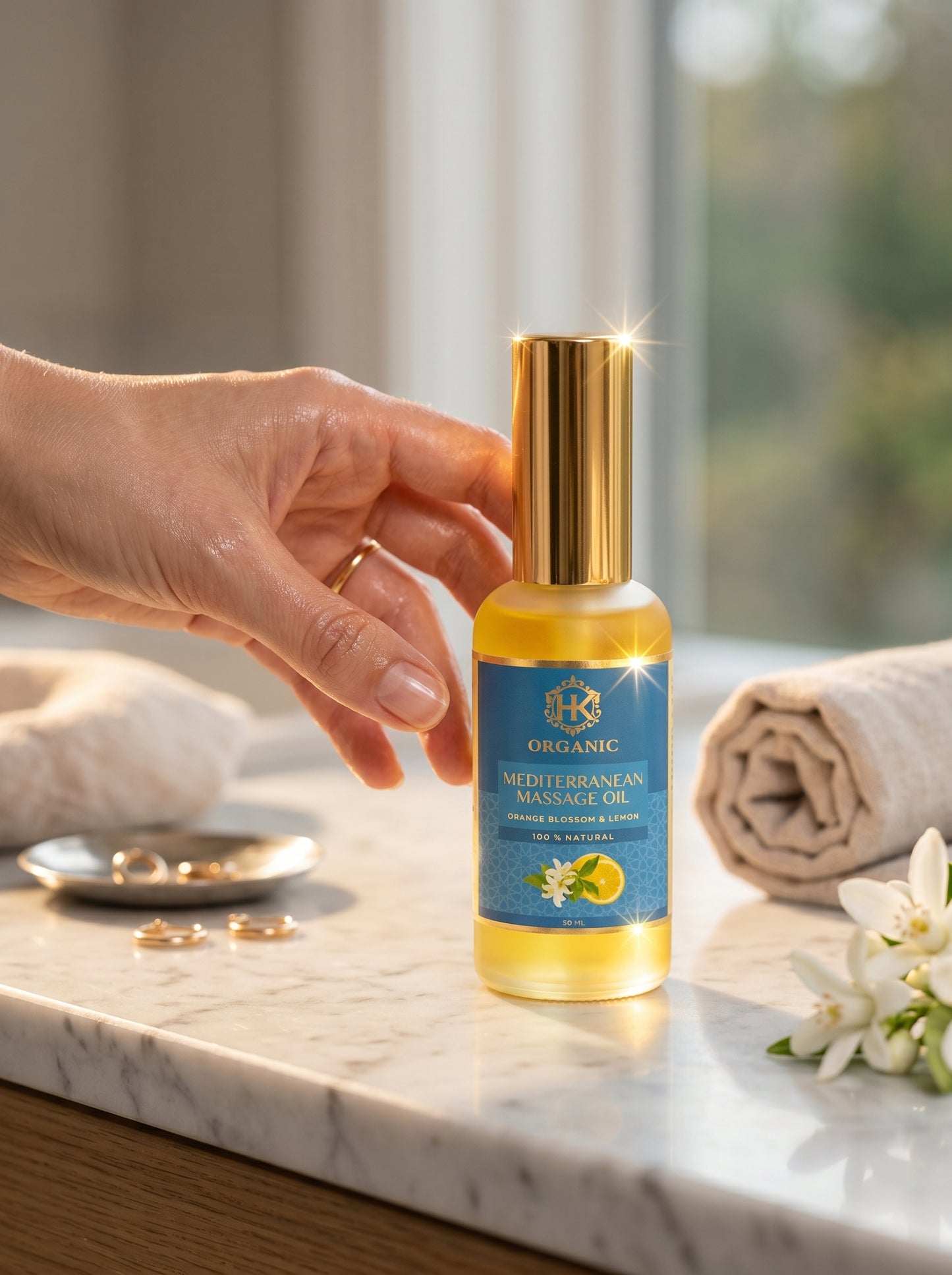 Bottle of massage oil on a marble surface with a hand reaching out