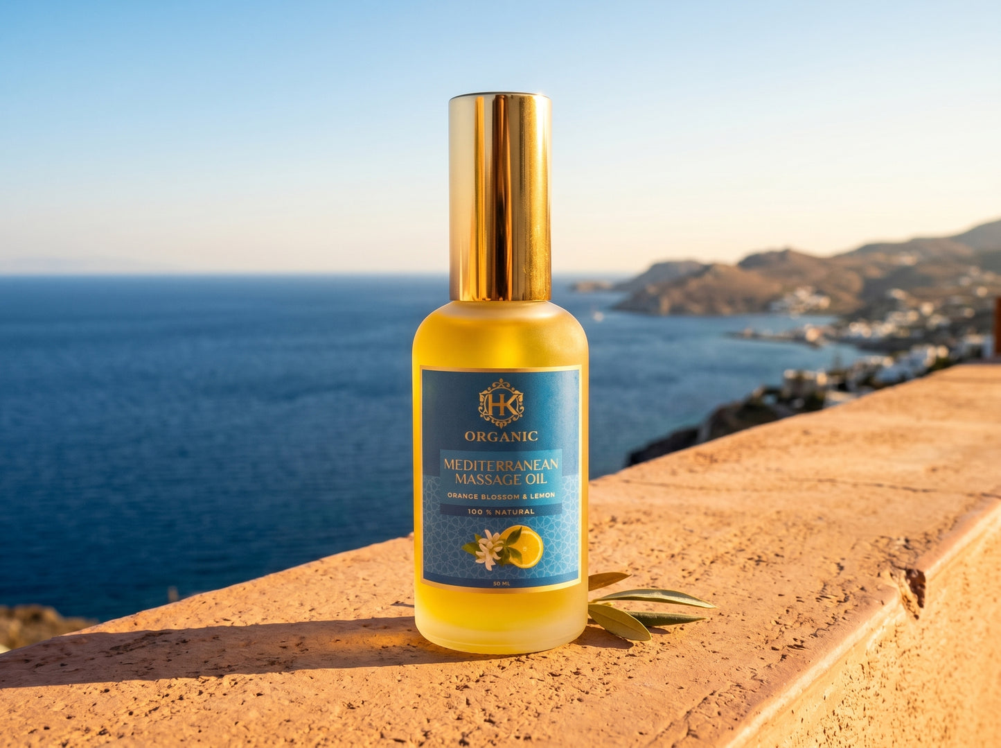 Bottle of organic Mediterranean olive oil with a scenic background