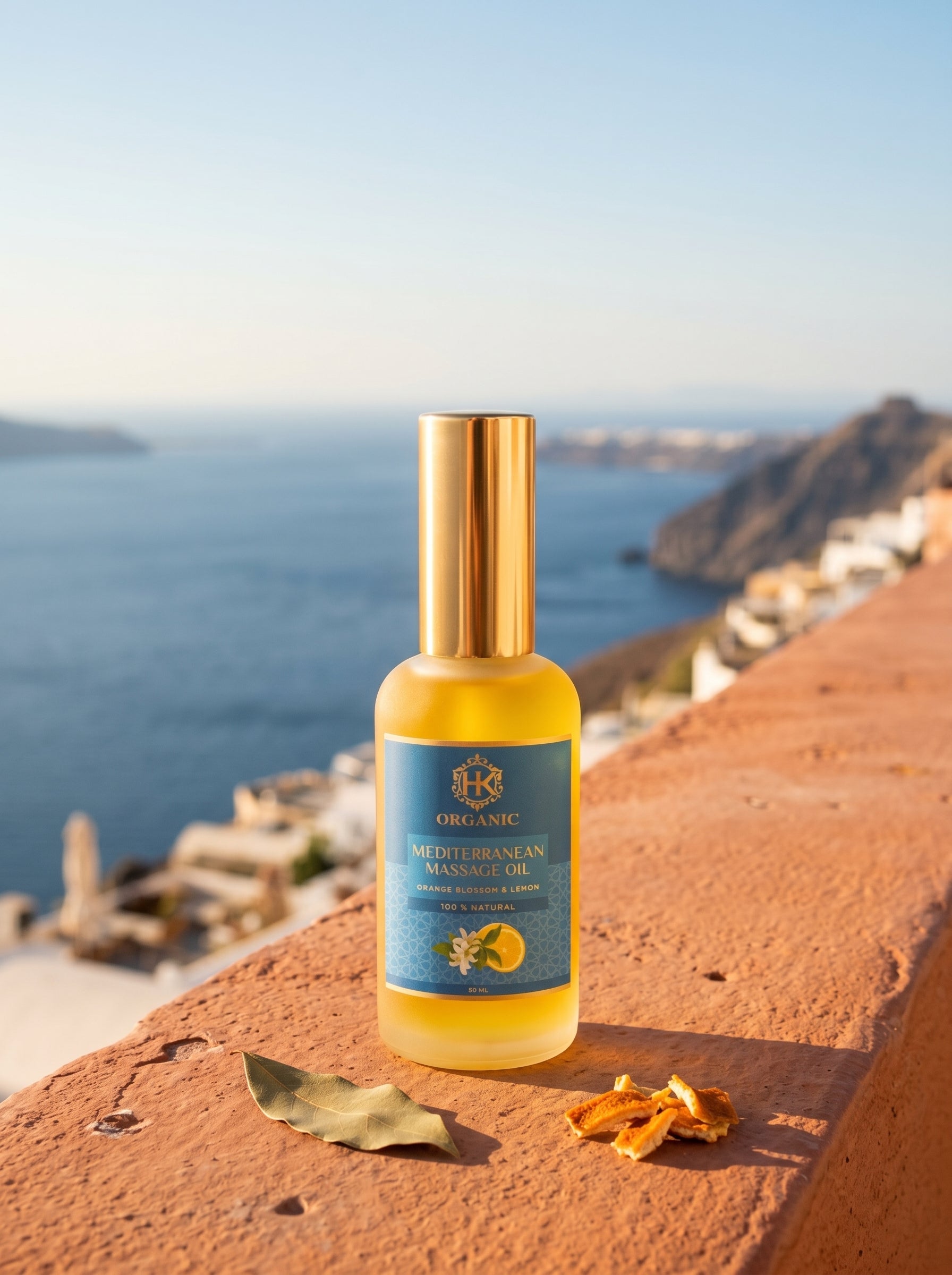 Bottle of organic olive oil with a scenic background